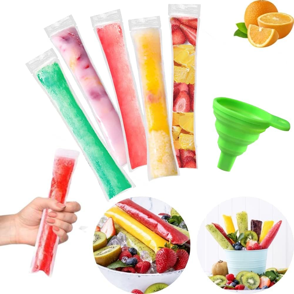 200 Pack Popsicle Bags for Disposable Freeze Pops, DIY Pouches, Yogurt Tubes, Healthy Snacks, Fruit Smoothies and Ice Party Favors with Funnel (5 X 22 Cm) image number 3