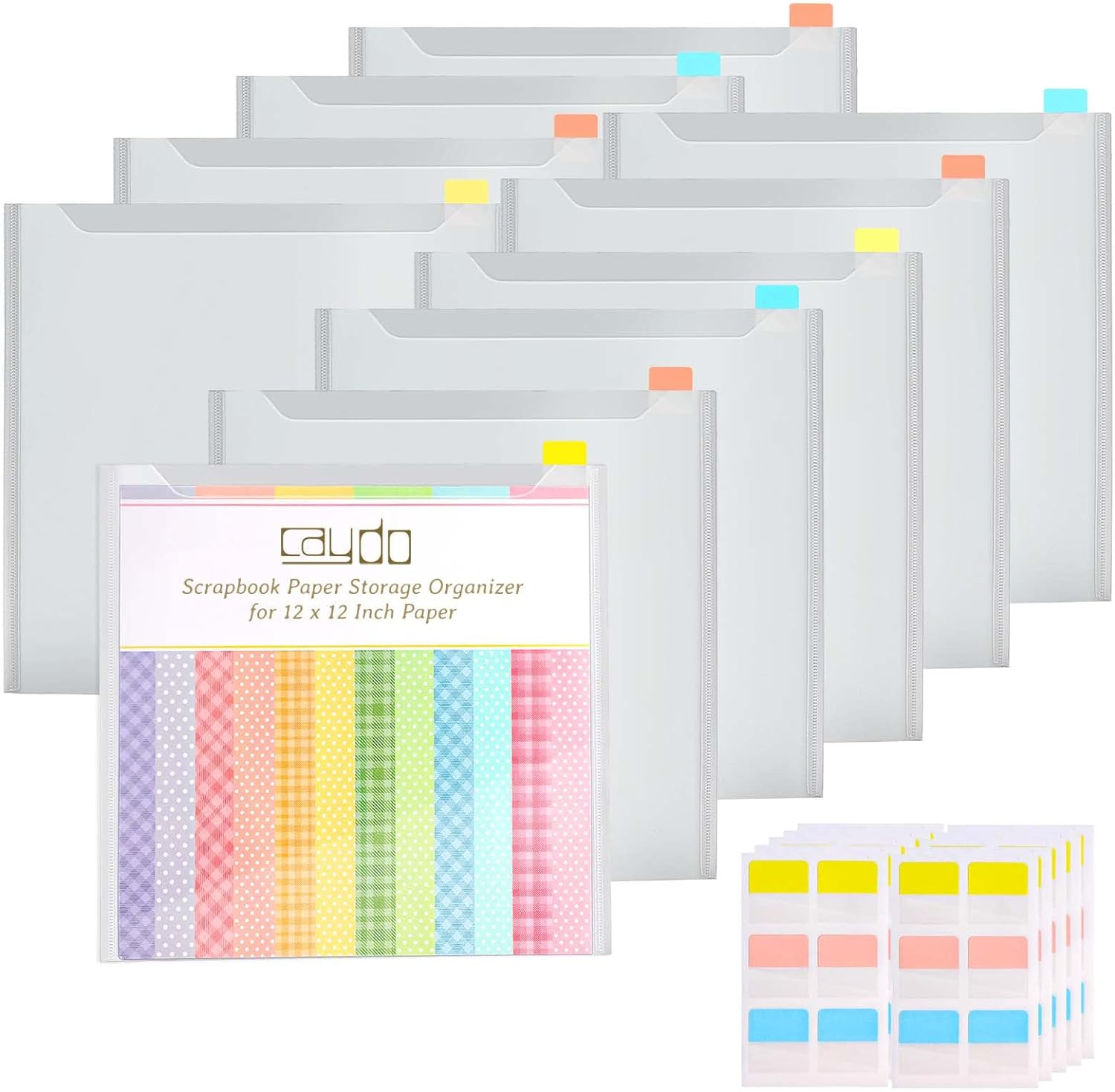 Caydo Scrapbook Paper Storage Organizer with 60 Sticky Index Tabs, 10 Pack Plastic Paper Storage Bag for Holding 12 X 12 Inch Scrapbook Paper Cardstock Vinyl Paper and Paper File