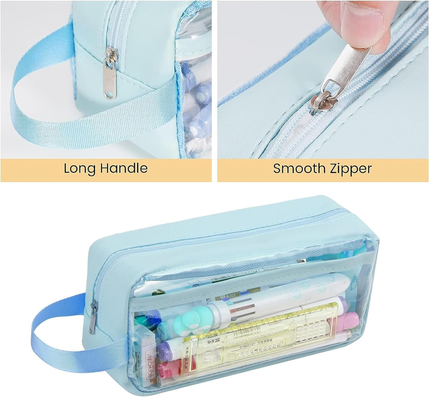 2 Pcs Large Capacity Pencil Case, Waterproof PVC Zippered Toiletries Storage Pouch, Cosmetic Makeup Storage Bag, Clear Pencil Case for Girls Boys, Home, School, Office (Blue) image number 4