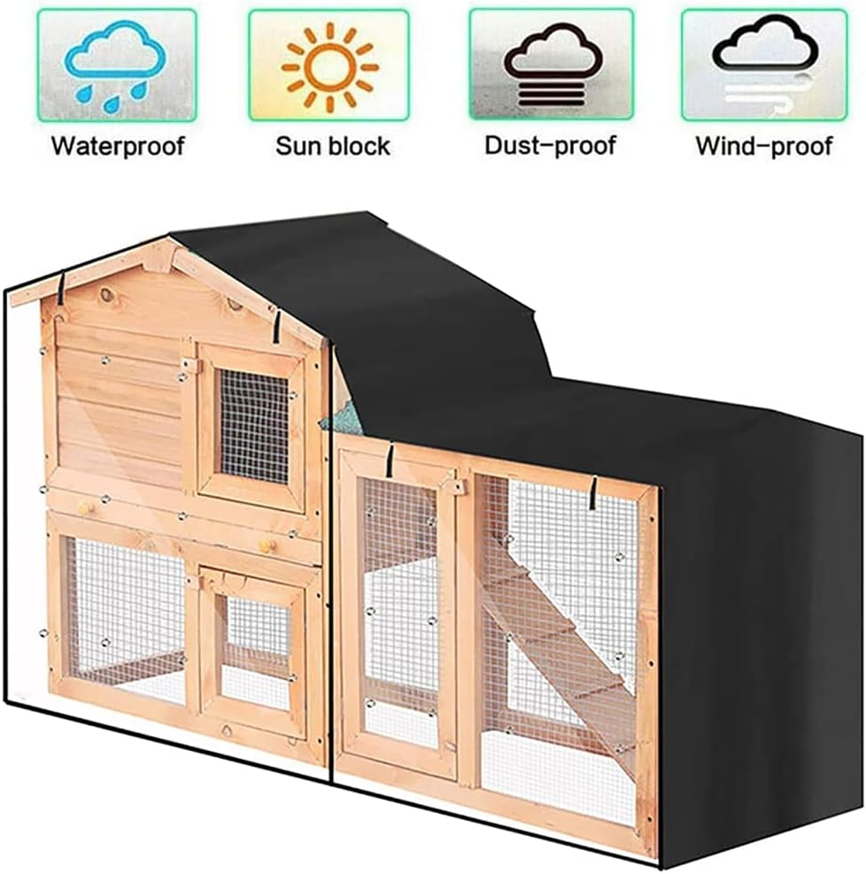 Bunny Hutch Cover COOSOO Triangular Dust-Proof Rabbit Cage Cover 420D Oxford Waterproof Dust Proof Pet Cage Cover with Zippers Poultry Cage Accessory Rabbit Cage Cover for Backyard Garden Winter (147&times;52&times;86Cm, Black) image number 3