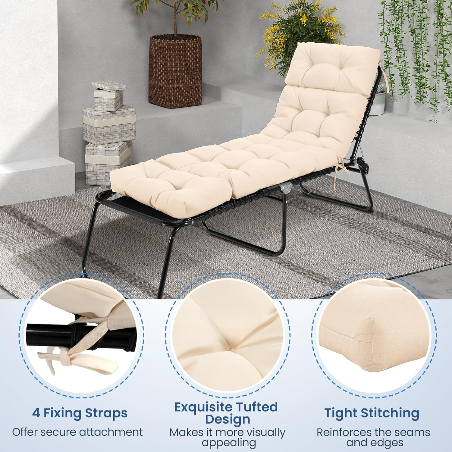 Costway Sunlounger Chair Cushion, High Back Recliner Cushion with 4 Fixing Ties, Thick Padded Reclining Chair Rocking Cushion for Outdoor Indoor (Only Cushion) (1, Beige, 186 X 56 X 11 Cm) image number 6