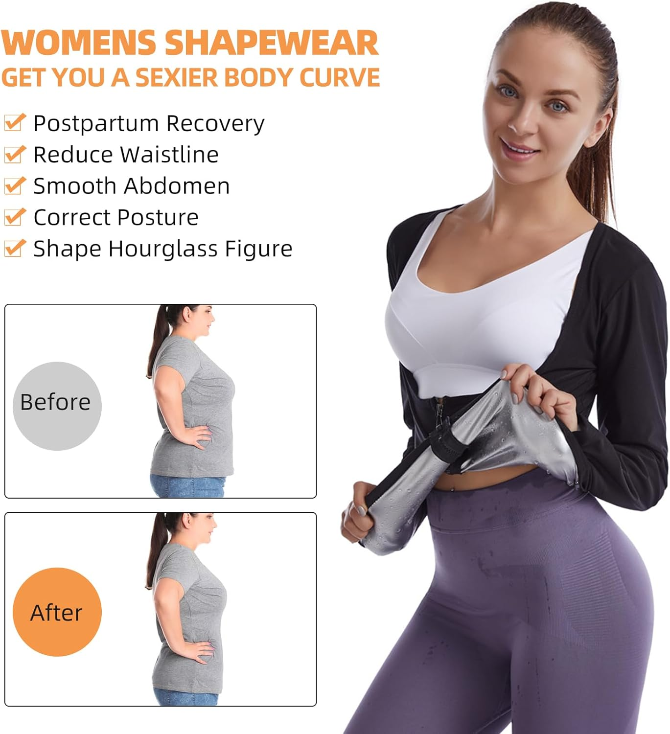 Sauna Suit for Women Sports Sweat-Wicking Fitness Sauna Suit Long Sleeve Zipper Jacket Workout Top for Weight Loss image number 2