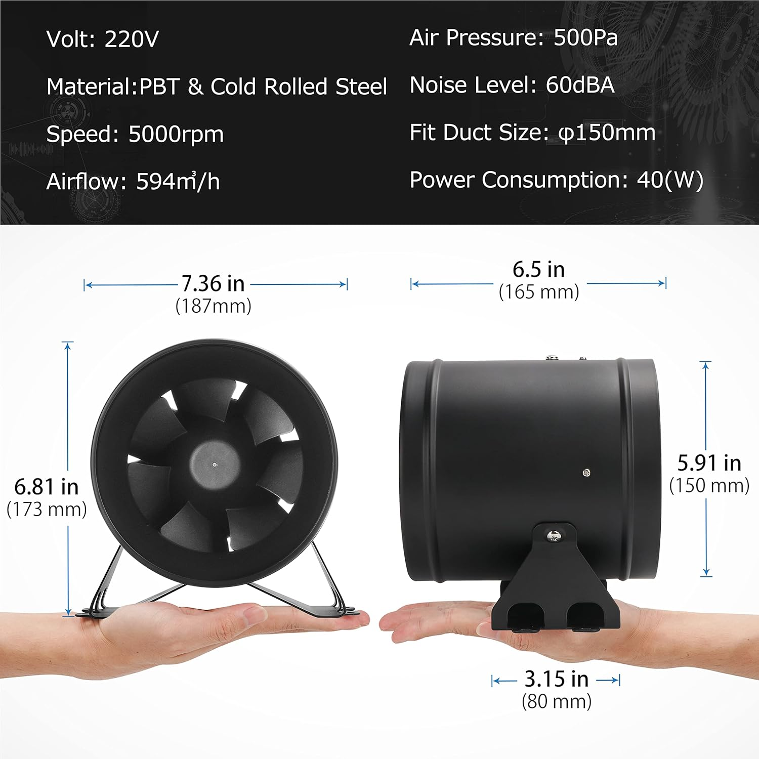6 Inch Inline Duct Fans, 350 CFM Ventilation Exhaust Fan Ideal for Indoor Heating Cooling Transfer or Grow Tents Air Boosting, with Variable Speed Controller image number 5