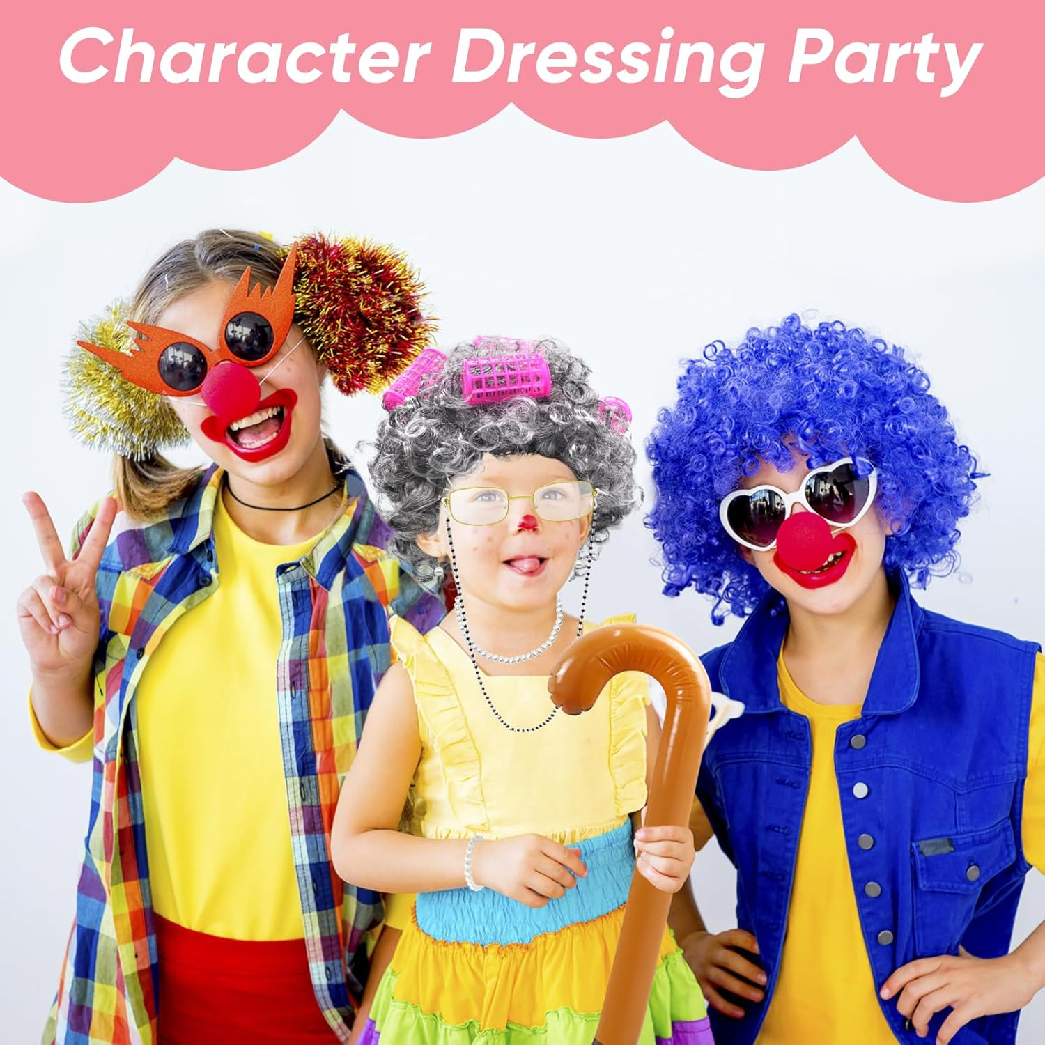 10Pcs Old Lady Costume Set, Grandma Wig Cap Including Glasses Pearl Earring Bracelet Necklace Inflatable Walking Stick, Grandmother Fancy Dress Costume for Christmas Halloween World Book Day image number 5