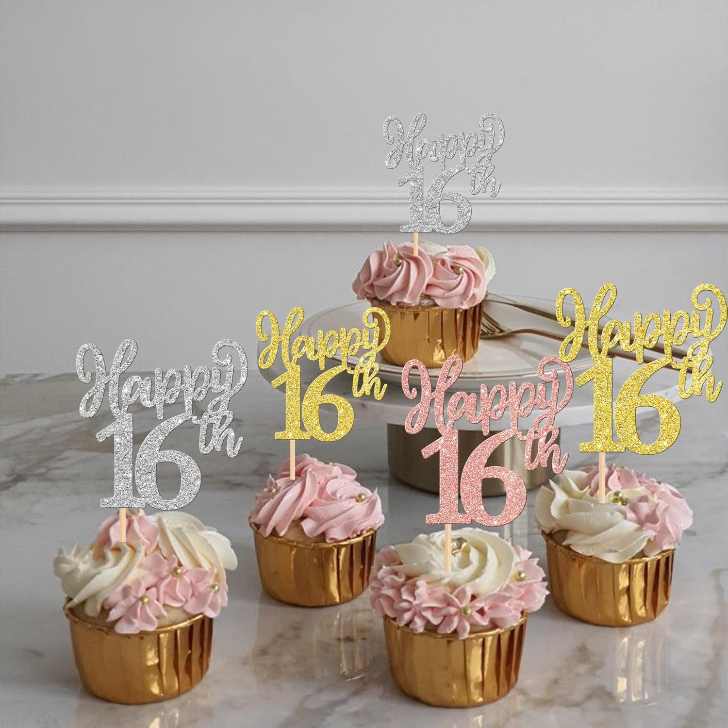 24 Pack Happy 16Th Cupcake Toppers Glitter Sixteen Cheers to 16 Years Number 16 Birthday Cupcake Picks for Happy 16Th Birthday Anniversary Party Cake Decorations Colorful image number 6