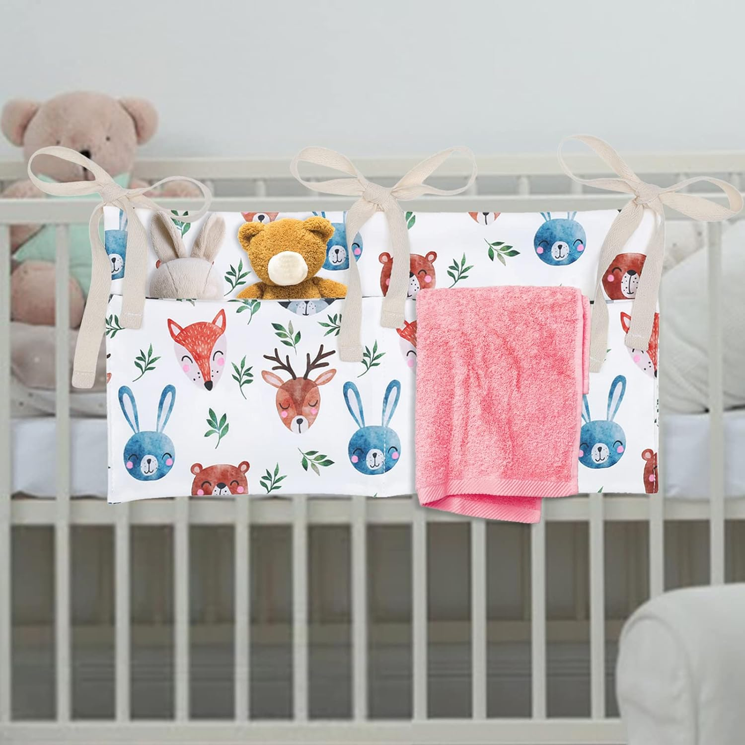 Winmany Baby Crib Organizer Cot Caddy Bed Storage Bag 2 Pockets Bedside Hanging Diaper Nursery Organizer for Diapers Toys Clothing (Animal)
