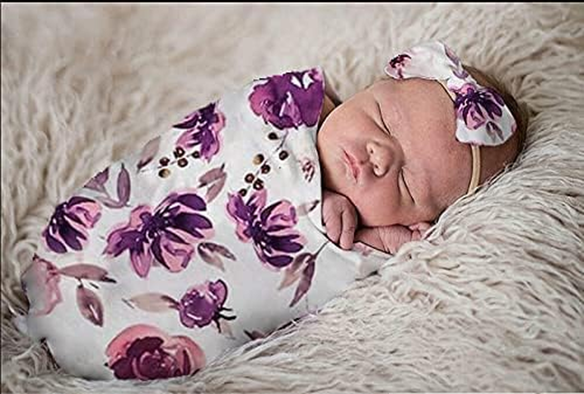 35X35Inch Infant Floral Swaddle Wrap with Headbands Set Newborn Receiving Blanket Photography Props (Purple)