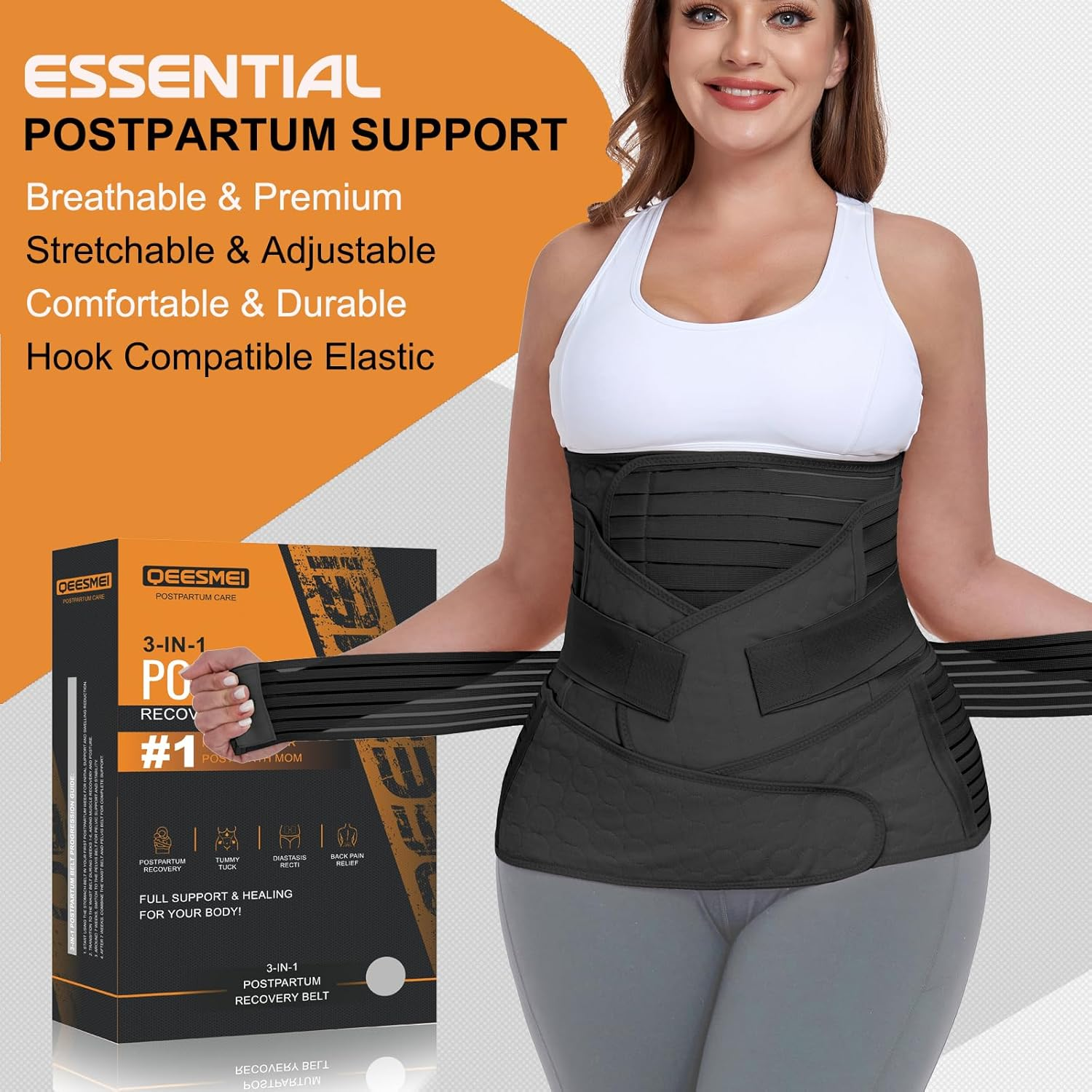 3 in 1 Postpartum Belly Support Recovery Wrap - Postpartum Belly Band & Abdominal Binder Shapewear (Black, XL) image number 6