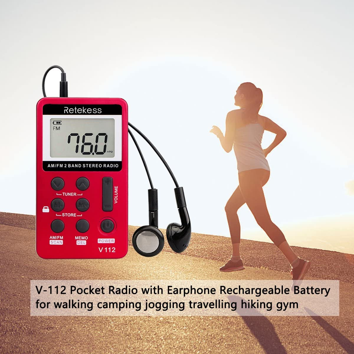 Retekess V112 Portable Pocket AM FM Radio Digital Tuning Mini Little Radios with Earphone Rechargeable Battery LCD Screen for Walk Running Kids Senior Adults (Red+Gold) - Gold+Red image number 5