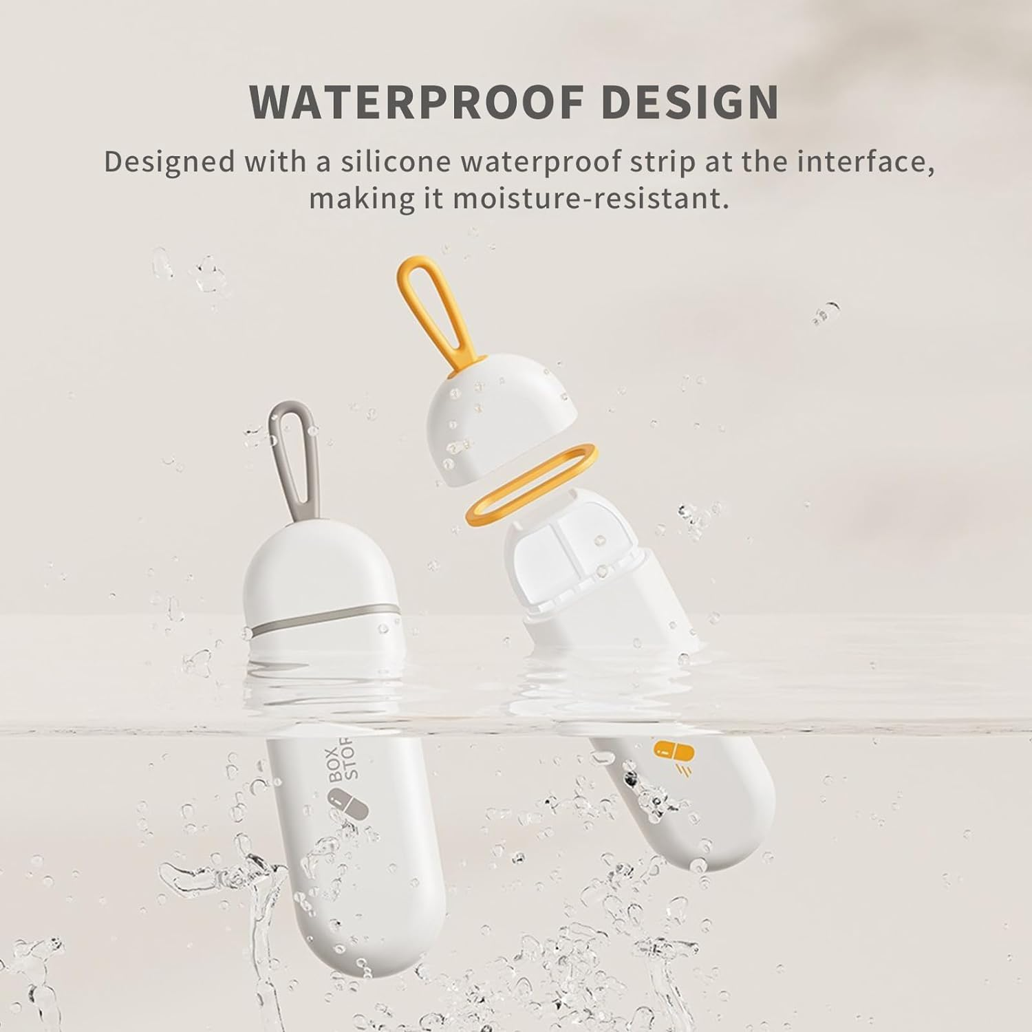 Travel Pill Organiser, 3 Cell Portable Waterproof Pill Box with Silicone Carrying Ring, Mini Pill Box Perfect for Office, Temporary Travel, Easily Put in Wallet. (Orange-White)