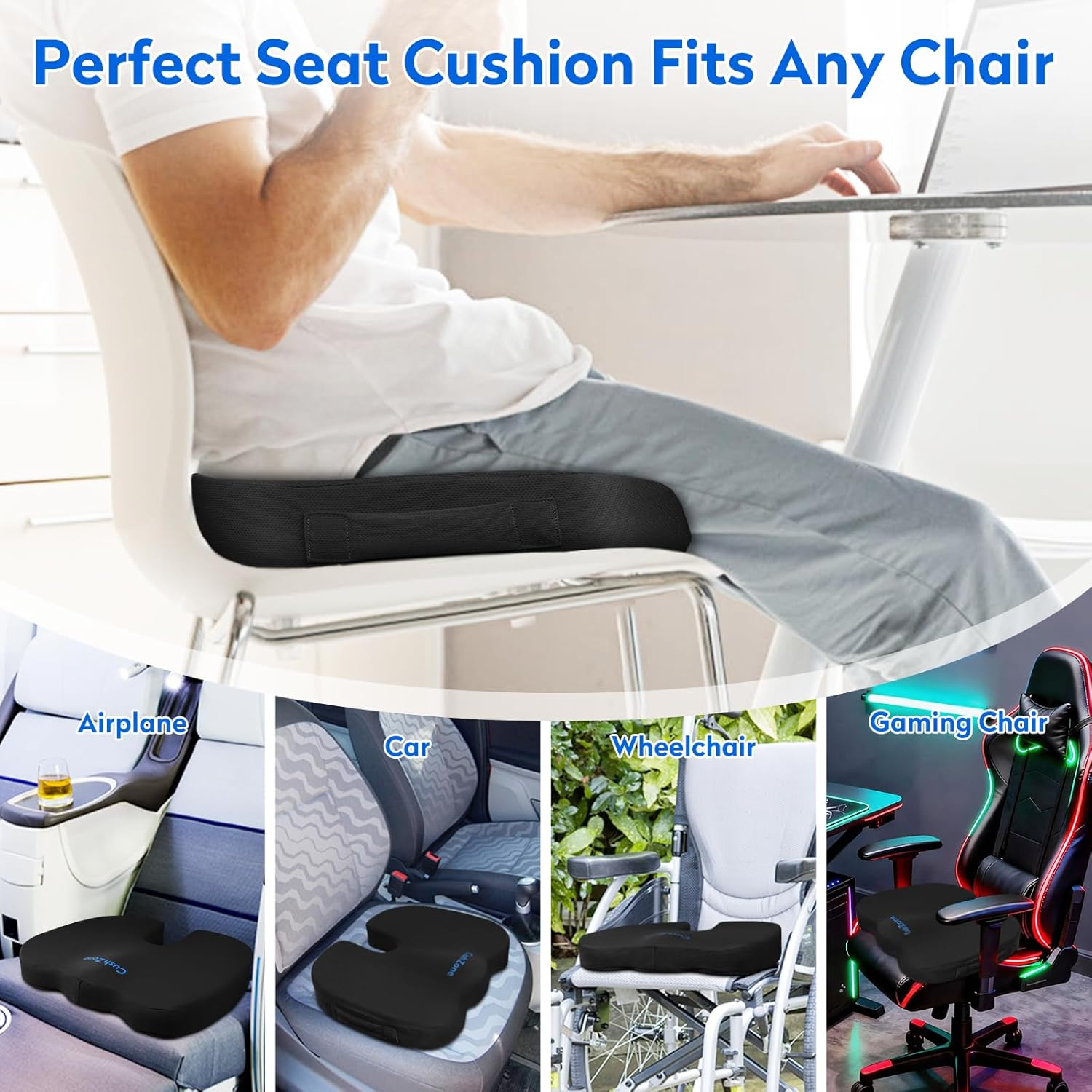Xxlseat Cushion Office Car Seat Cushion, Memory Foam Cushion for Office Chair, Car Seat, Airplane, Bleacher Non-Slip Chair Pad, Butt Pillow for Desk, Wheelchair, Car (Black) image number 5