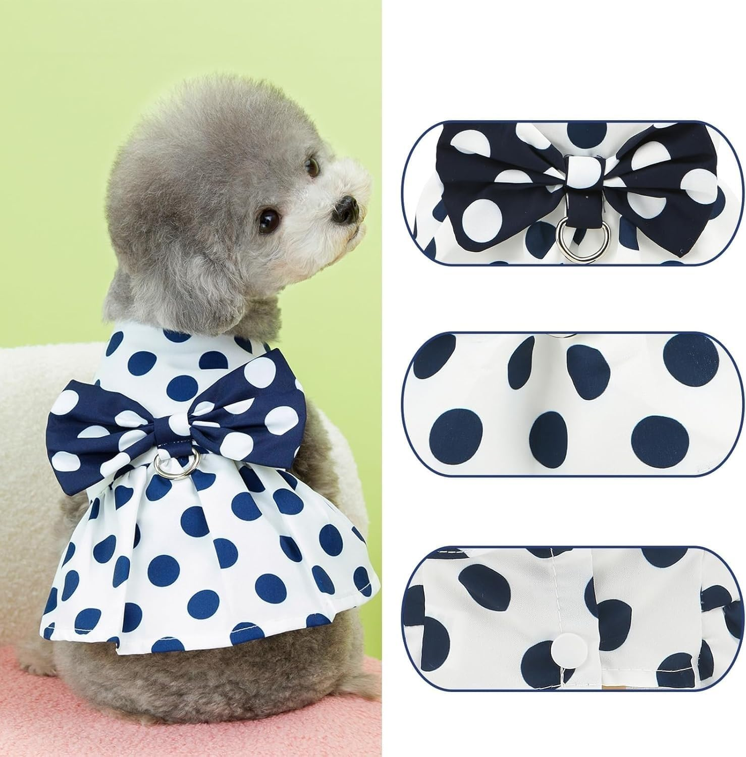 Polka Dot Dog Dress for Small Dog Girls Puppy Harness Dress with D Ring and Bow Spring Summer Breathable Pet Short Skirt (White, L) image number 4