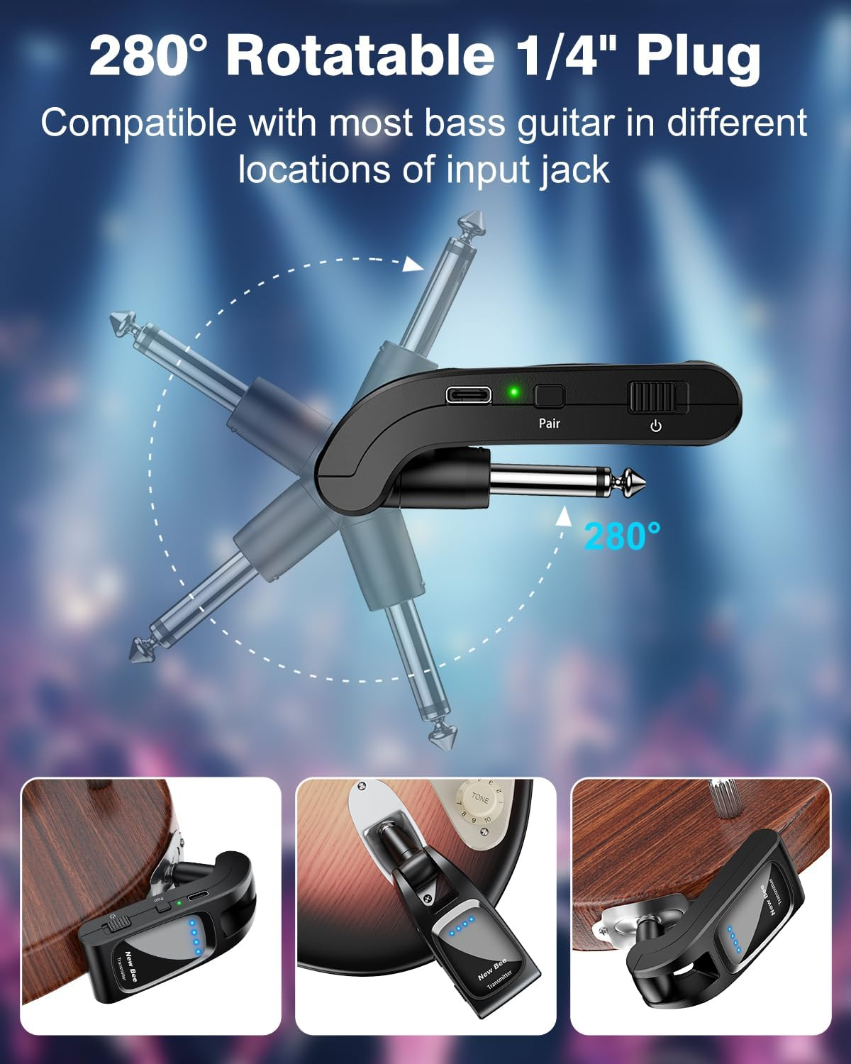 New Bee Wireless Guitar System 2.4Ghz with 6 Channels Rechargeable Audio Transmitter Receiver for Bass Electric Instruments