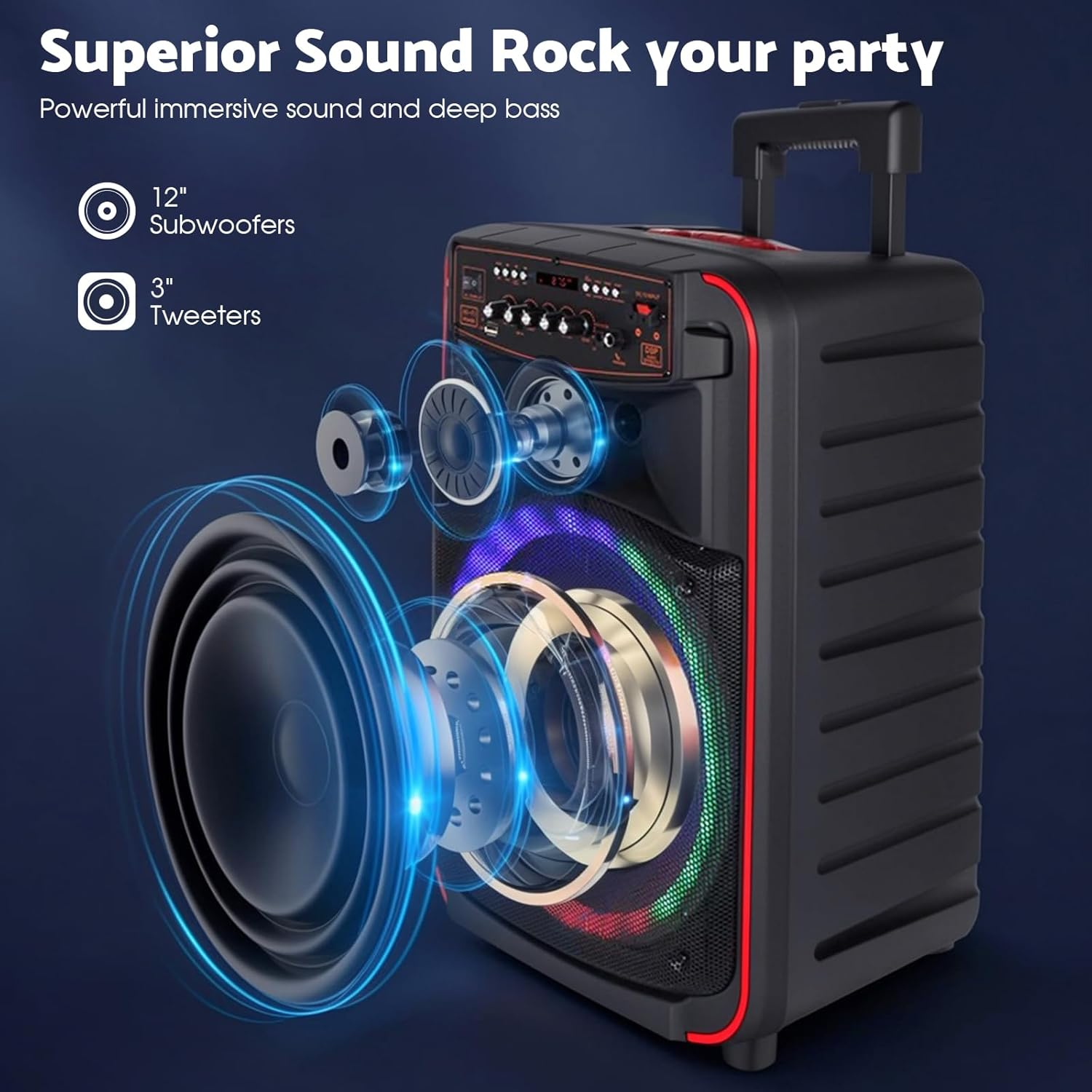 Advwin Karaoke Machine for Adults, Portable Bluetooth Karaoke Speaker for Outdoor Home, Singing Machine W/2 Wireless Microphones, Party Light, Echo/Treble/Bass Adjustment, Supports TWS/AUX/USB/TF/FM image number 3