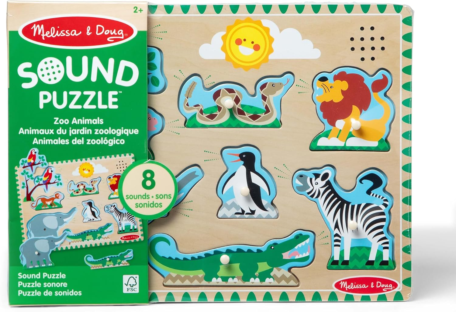 Melissa & Doug Zoo Animals Sound Puzzle &ndash; 8-Piece Wooden Peg Puzzle with Animal Sounds (Ages 2+) image number 2