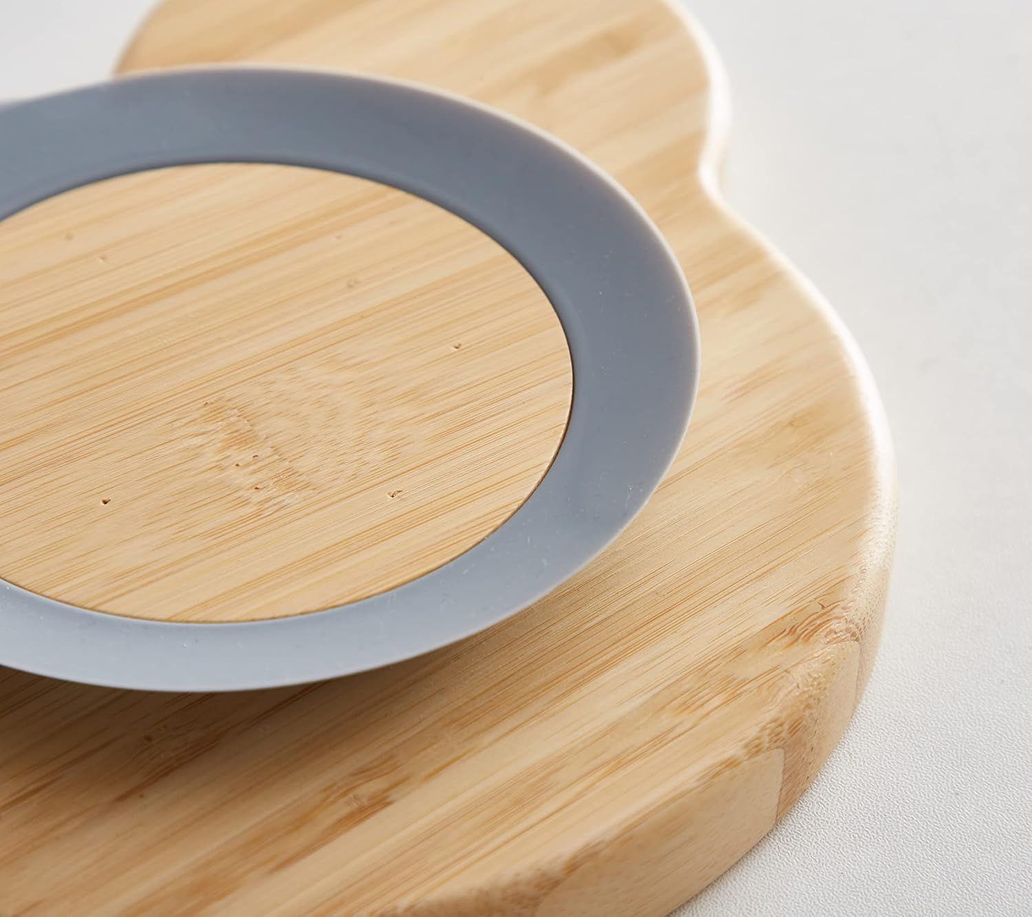 Bamboo Baby Silicone Suction Plate & Spoon Set for Toddler Kids Self Feeding - Wood Handled Spoon with Silicone Tips - Non-Slip Stay Put Divided Weaning Set for High Chair (Fancy Grey) image number 3