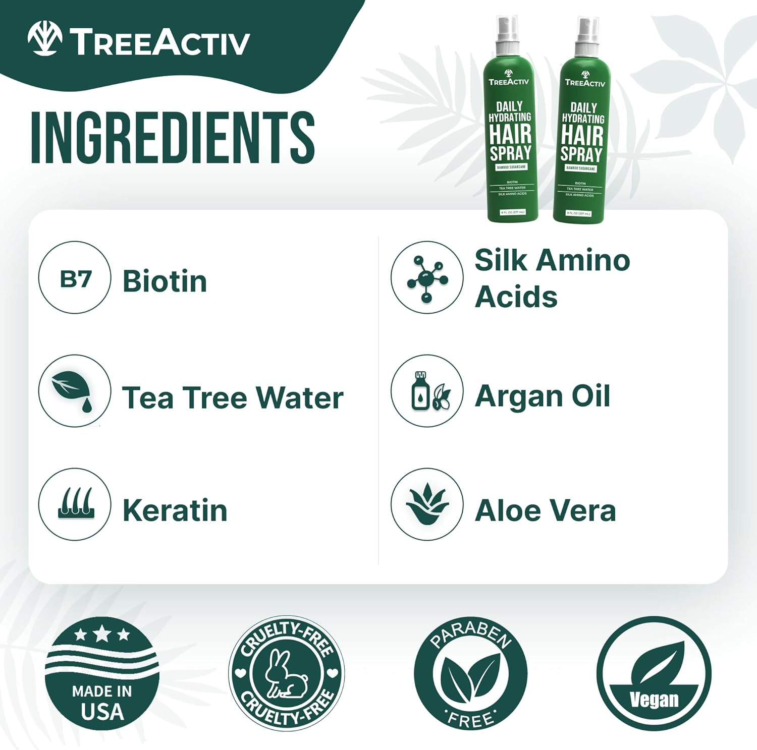 Treeactiv Hair Growth Daily Nourishing Spray Natural Leave in Conditioner anti Frizz Reduce Curly Frizzy Hair Argan Oil Biotin Keratin Silk Aminos Tea Tree (Bamboo Sugarcane) image number 1