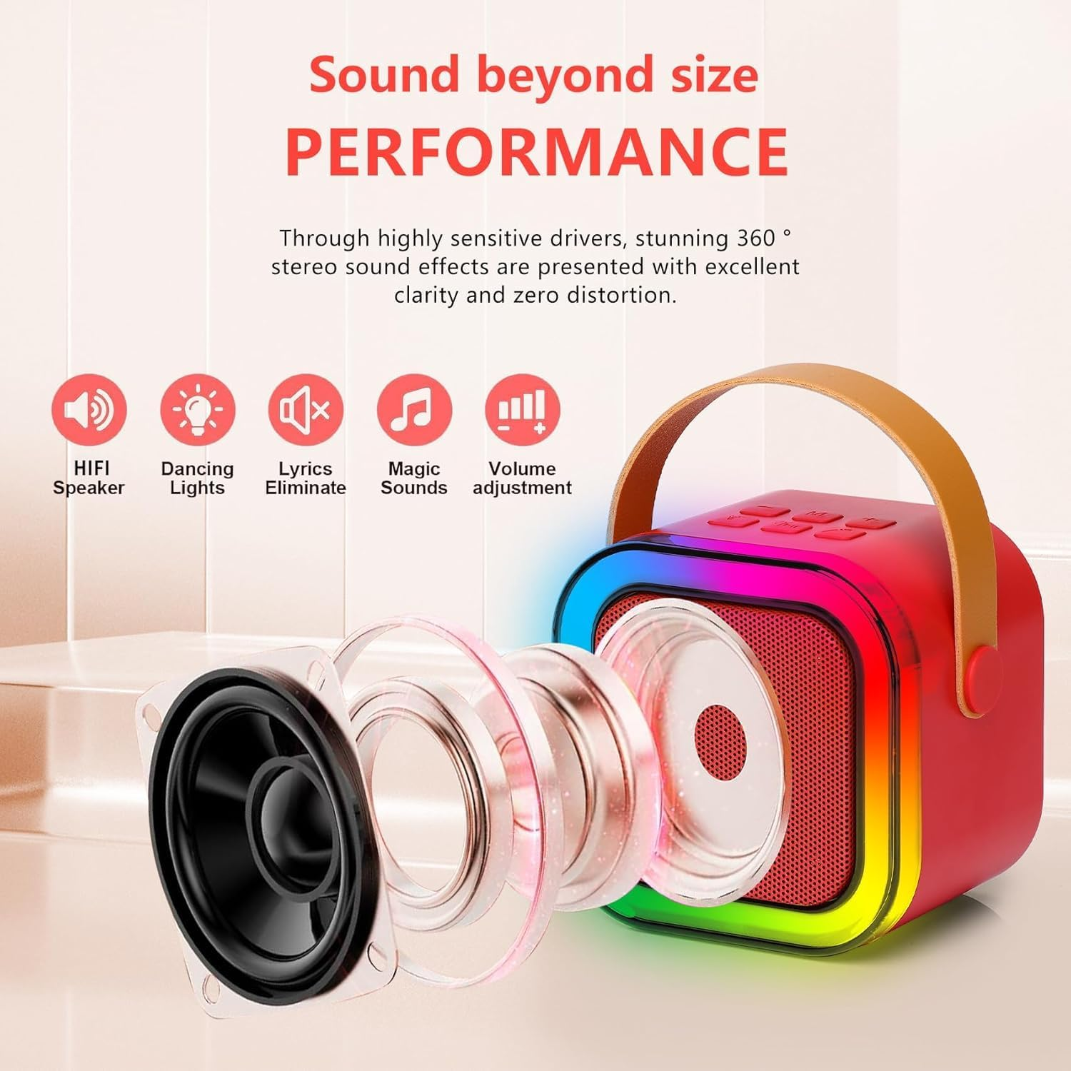 Kids Karaoke Machine, Adult Karaoke Machine with 2 Wireless Microphones, Portable Bluetooth Speaker Gift with Colorful Lights for Boys Girls Toy Family Train Dance Guide Party (Red)