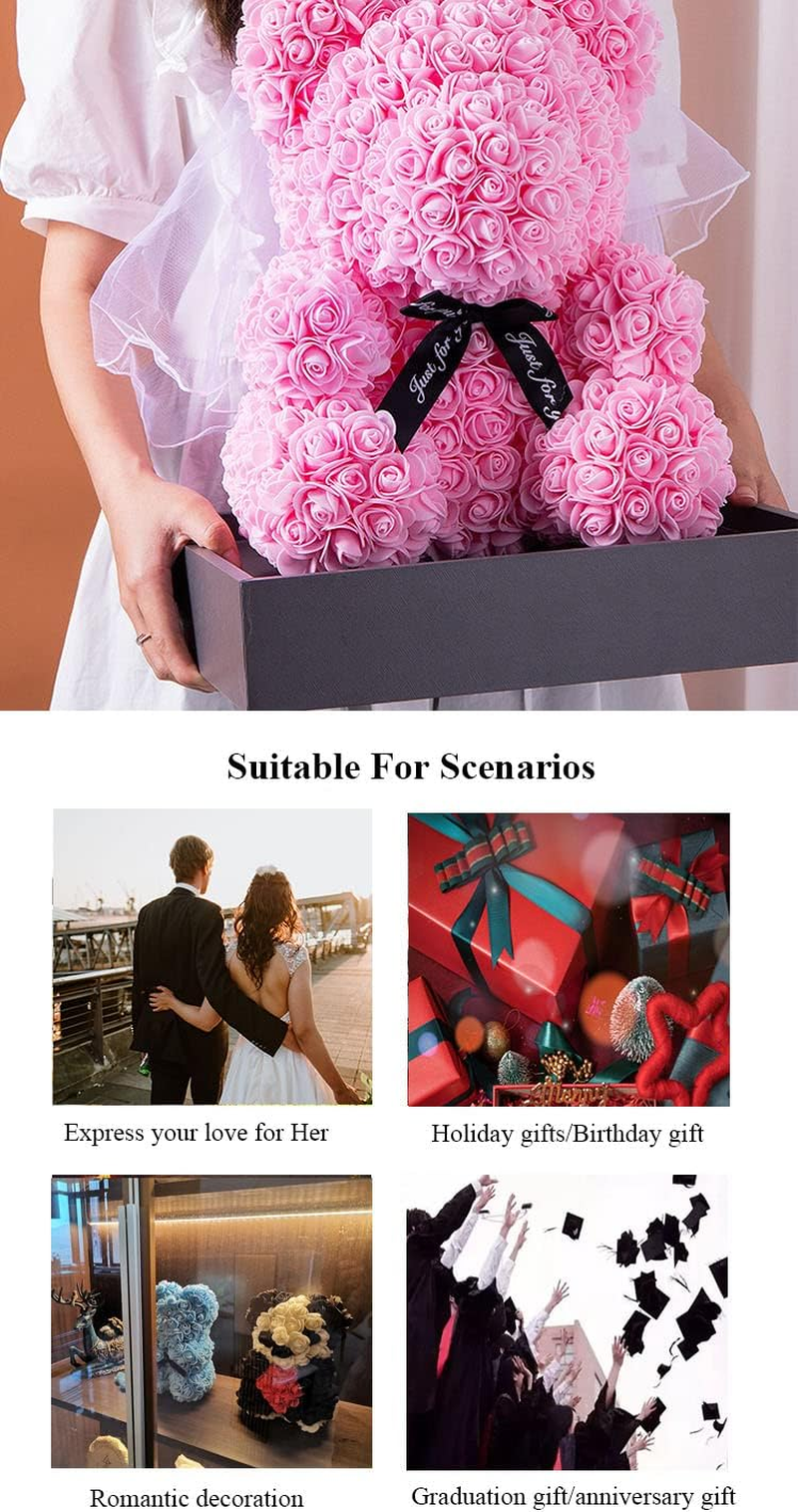 Rose Flower Bear Artificial Flower Hand Made Bear for Valentine'S Day Birthdays Romantic Weddings Christmas Rose Gifts (25Cm Purple)