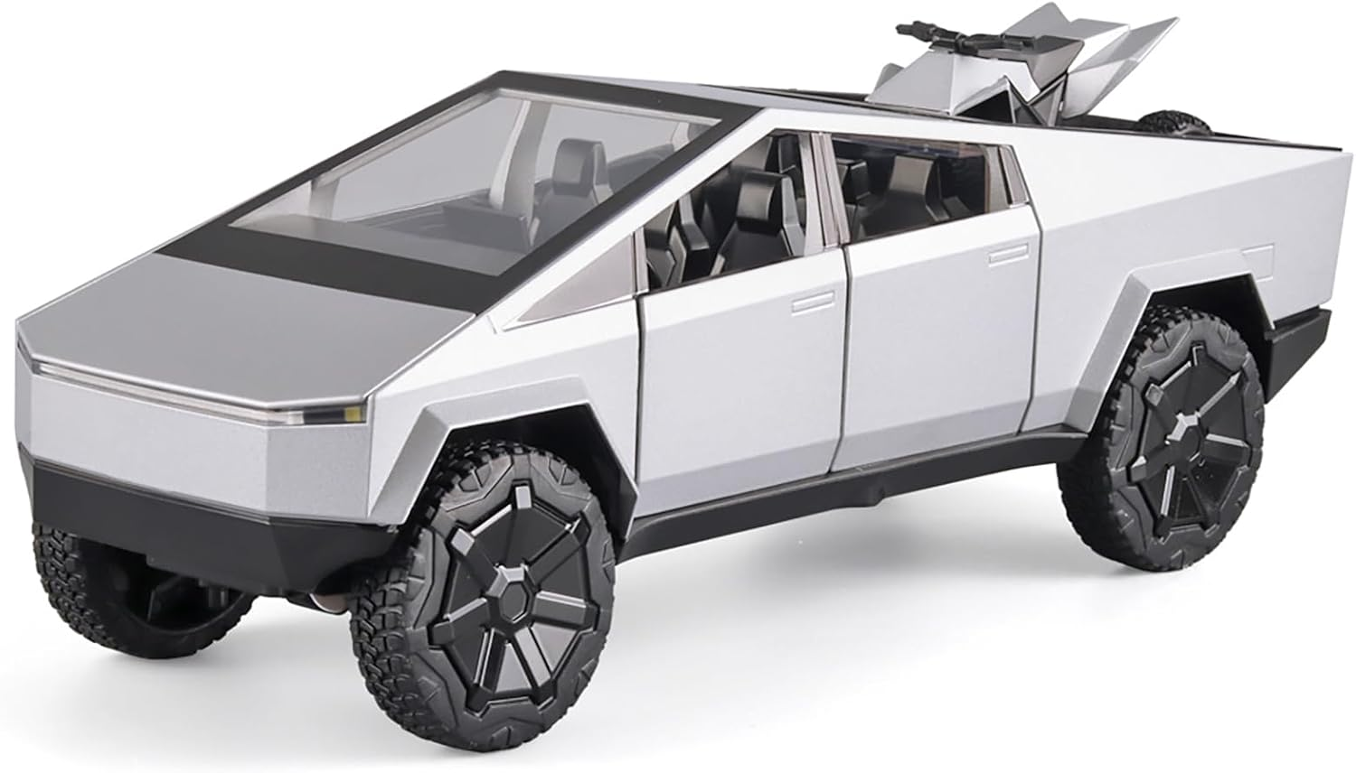 Boy Toy Pickup Truck 1/24Cybertruck Die-Cast Metal Model Car, with Sound and Light Pull Back, Suitable for Children Aged 3 and above as Birthday Gifts (Silver, Equipped with Beach Motorcycle) image number 3