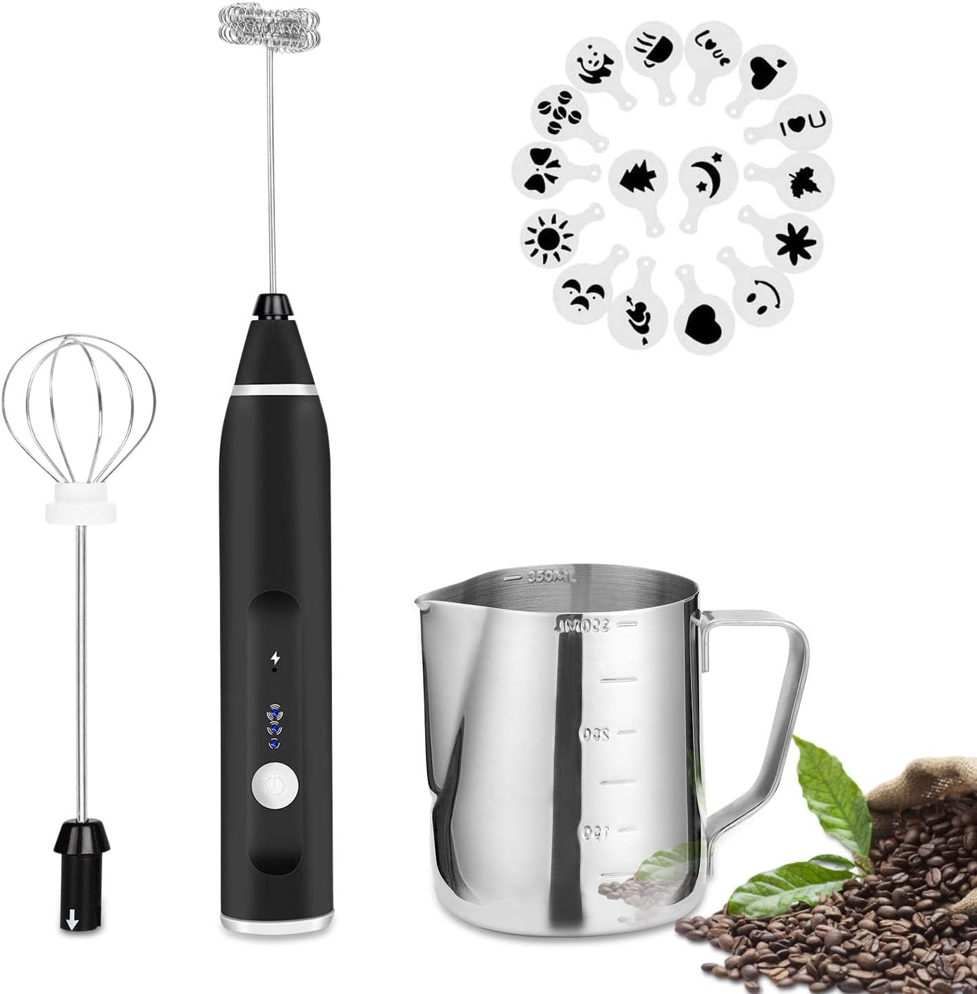 Milk Frother Handheld, FITNATE Rechargeable Electric Foam Maker Drink Mixer 3 Speeds with 2 Stainless Steel Whisks, Frother for Coffee, Hot Chocolate, Latte, Cappuccino,Includes Frother Cup image number 2