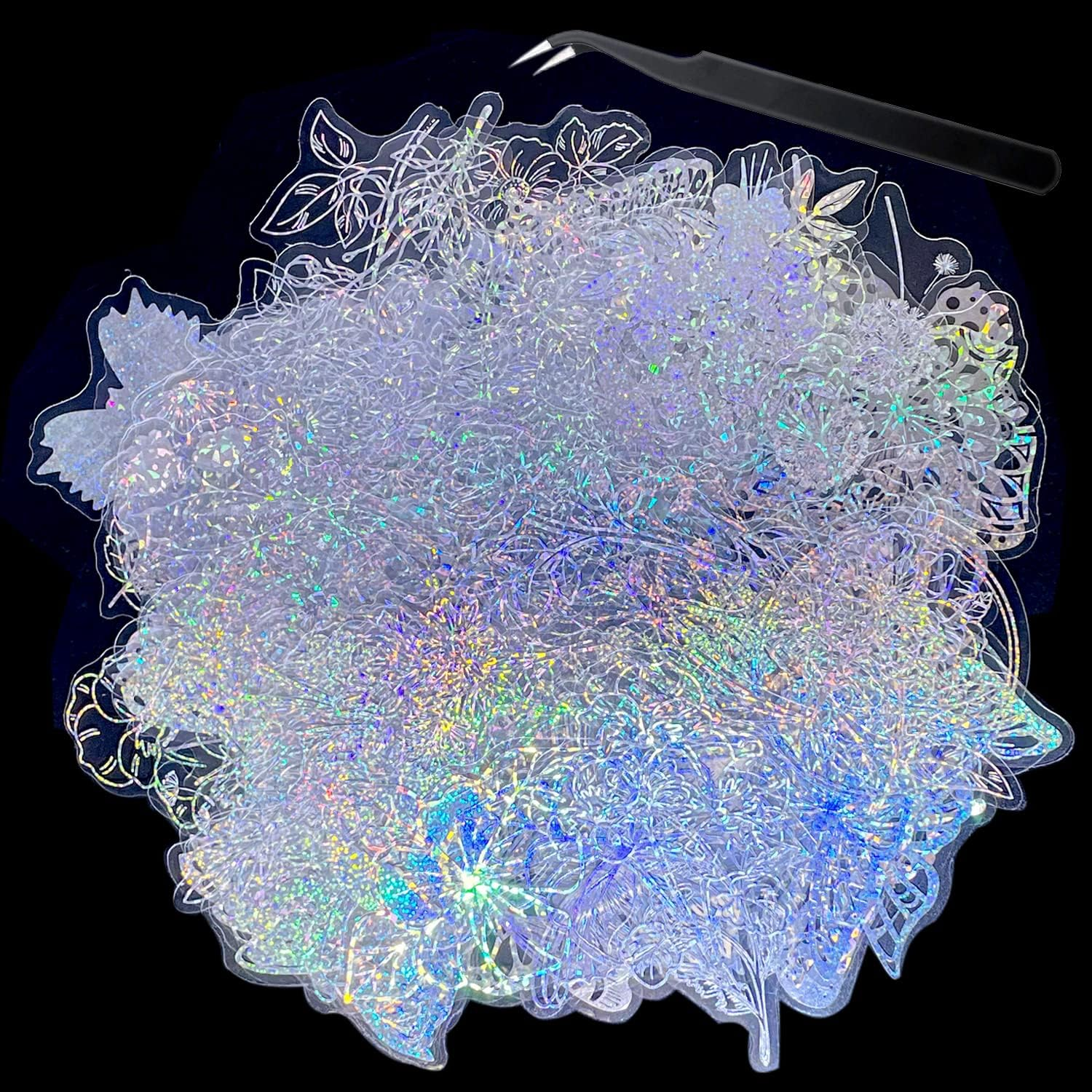 200 Pcs Holographic Glitter Butterfly Stickers + 1 Craft Tweezer Waterproof Flower Shiny Adhesive Transparent Decorative Decals for Scrapbooking Journal Planner Water Bottle Laptop Phone image number 4