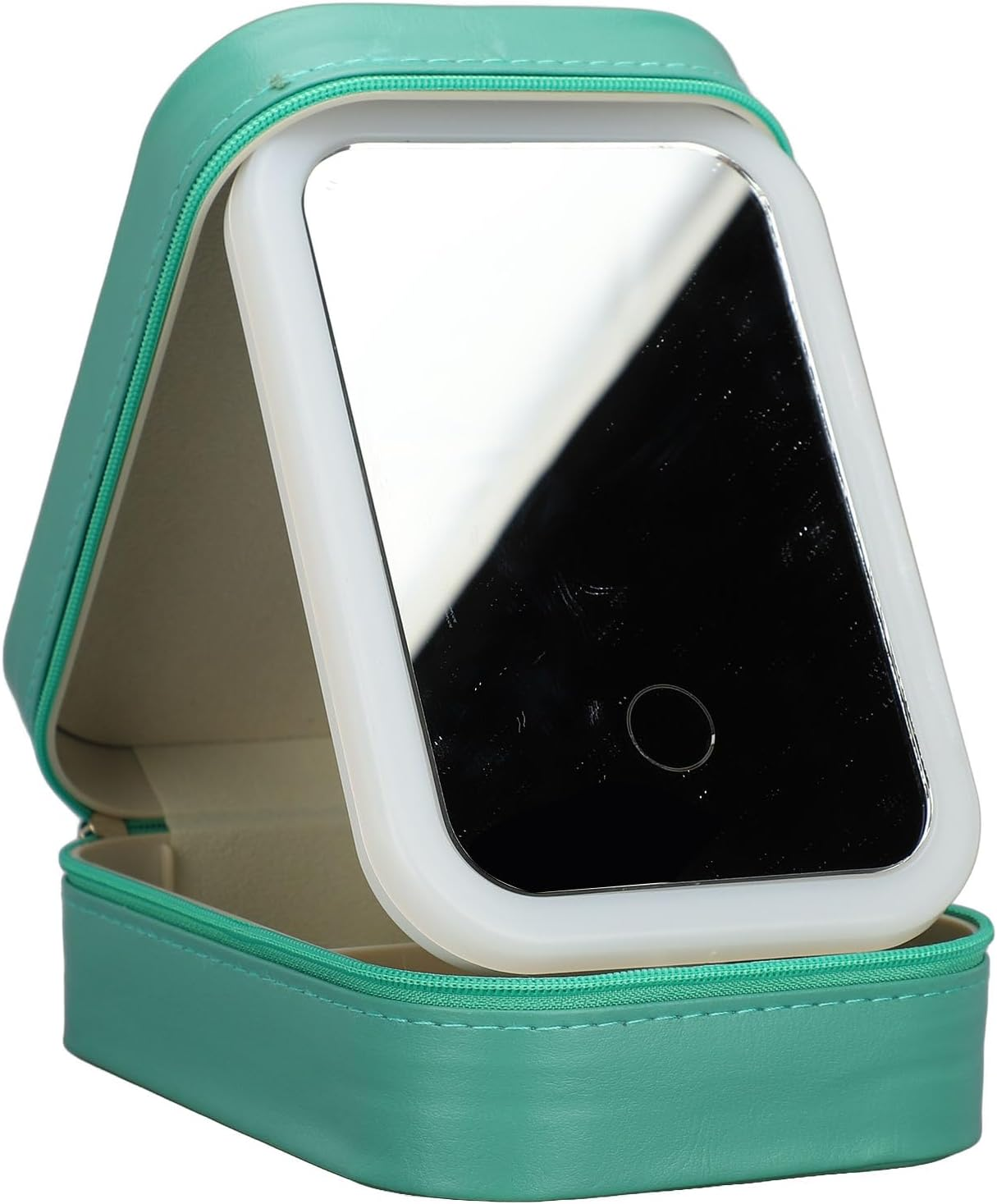 Jewelry Storage Box, LED Mirror Leather 3 Color Adjustable Lighting Travel Makeup Box for Eyebrow Pencil (Green) image number 1