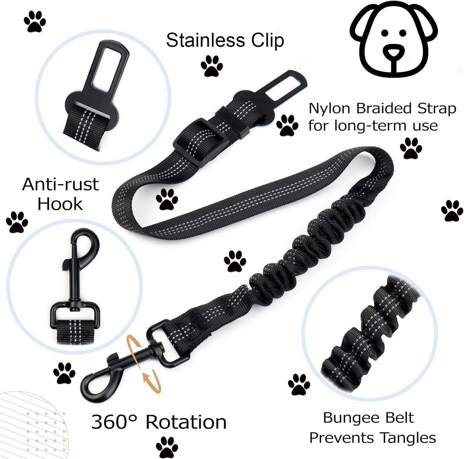 Dog Seat Belts for Cars, Leash Adjustable, Universal Dog Seatbelt for Car Travel, Elastic Buckle Pet Car Harness, Durable Cat Seat Belt with Strong Nylon Buffer-(Black) image number 4