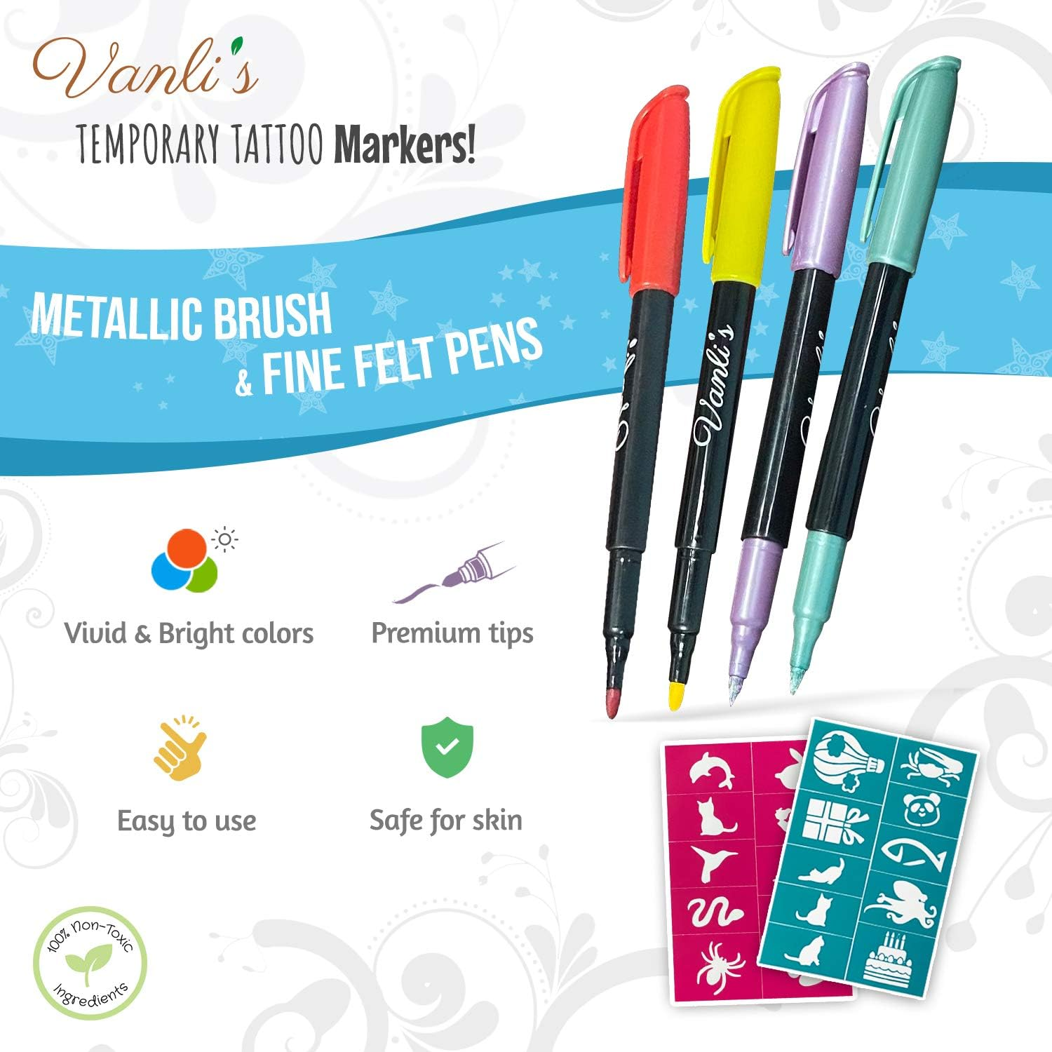 Vanli'S Temporary Tattoo Markers - Stocking Stuffers for Teens, Kids, Adults, Trendy Body Marker, Skin Safe & Colored Ink Tattoo Pens for Body & Face Art with 50 Tattoo Stencil Papers, 13 Pens-Variety image number 1