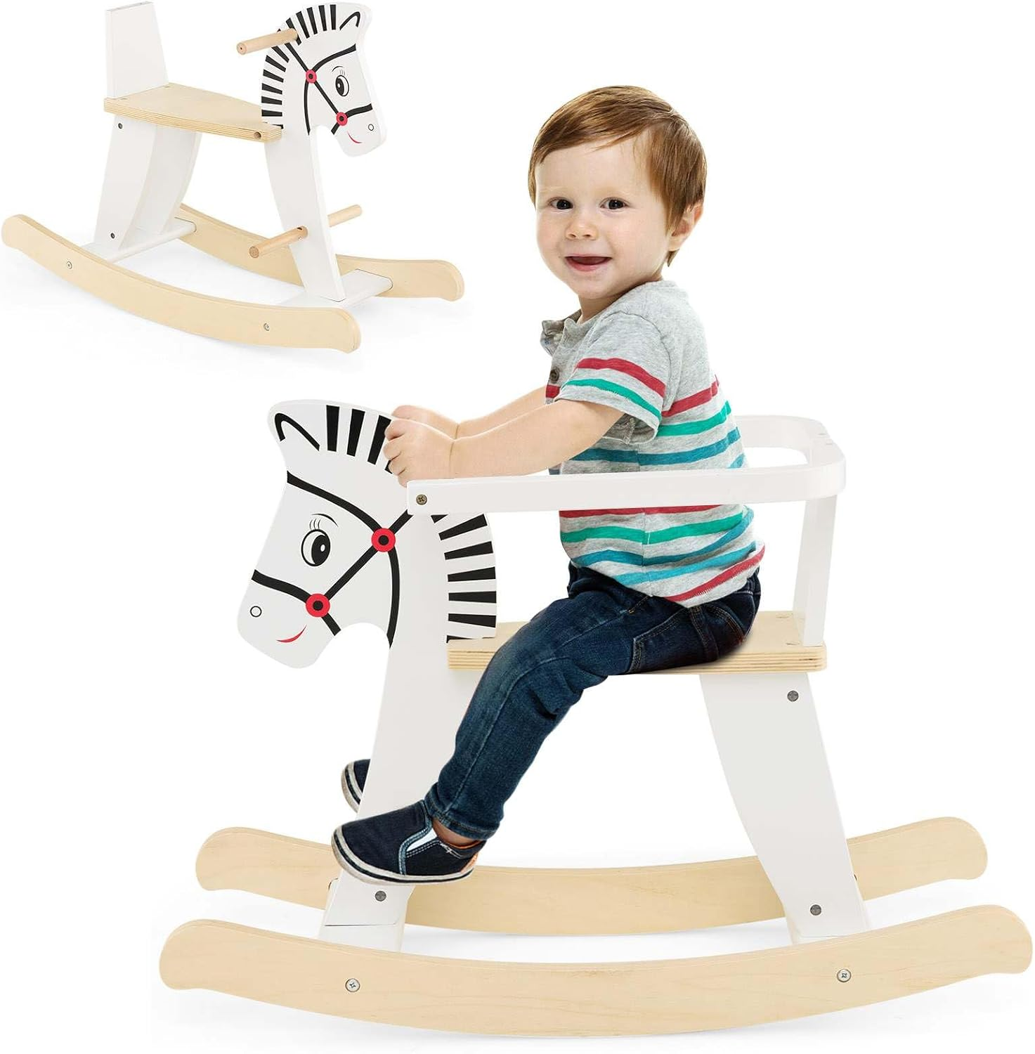 HONEY JOY Wooden Rocking Horse, Baby Ride on Toy W/Detachable Fences, 11-22 Degrees Gentle Rocking Motion, Comfy Seat & Backrest, Cute Patterns, Indoor Animal Rocker for Kids over 3 Years Old, White image number 2