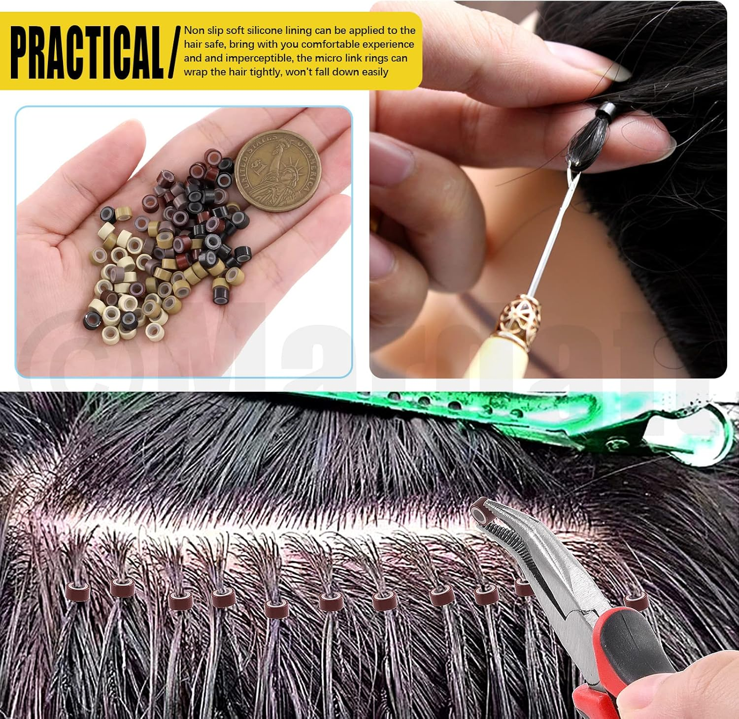753 Pcs Hair Extension Kit, Black White Beige Dark Brown Blonde Silicone Lined Micro Rings with Remove Pliers Pulling Hook for Hair Styling Salon image number 3