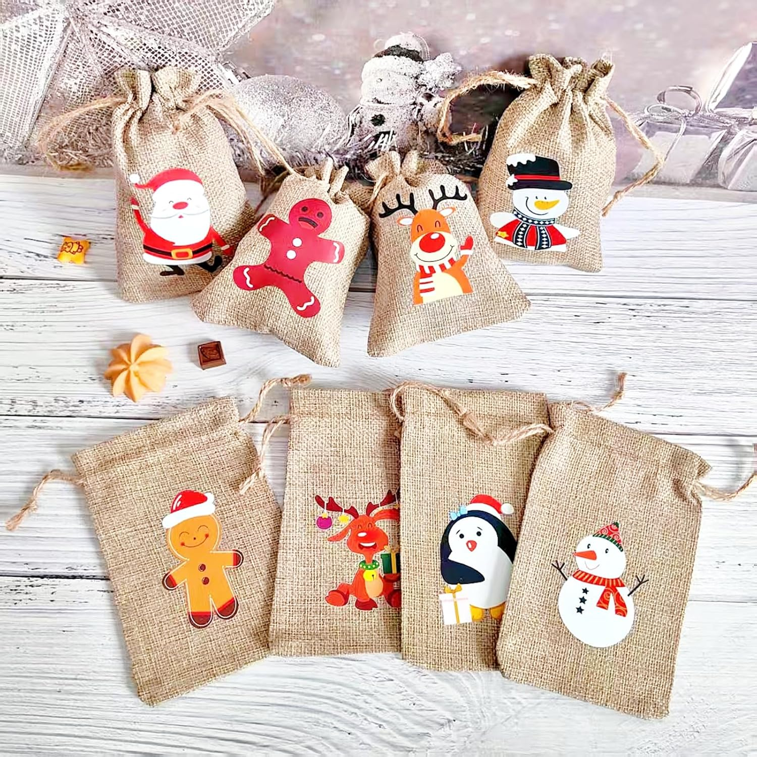 12 Pack Christmas Linen Bags, 10 X 15 Cm Bags, Candy Goodie Treat Bags, Drawstrings Burlap Bags for X&lsquo;Mas Party, Reusable Wrapping Bags (12 DESIGNS) image number 5