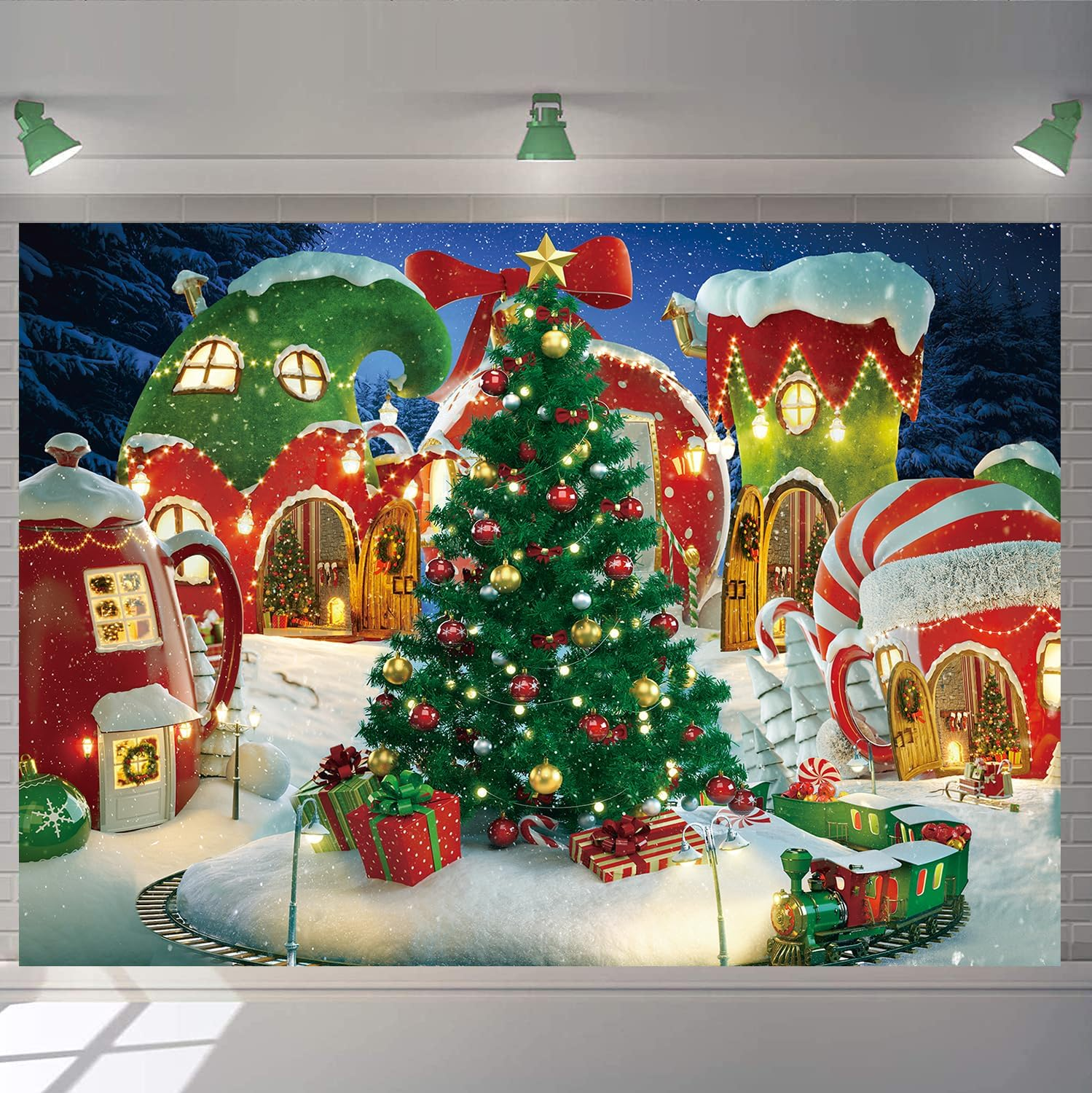 Cartoon Christmas Village Photography Backdrop Winter Snow Pine Tree Background Xmas Fairy Tale Animated Kid Party Photo Booth Banner Supplies (8X6Ft) image number 5