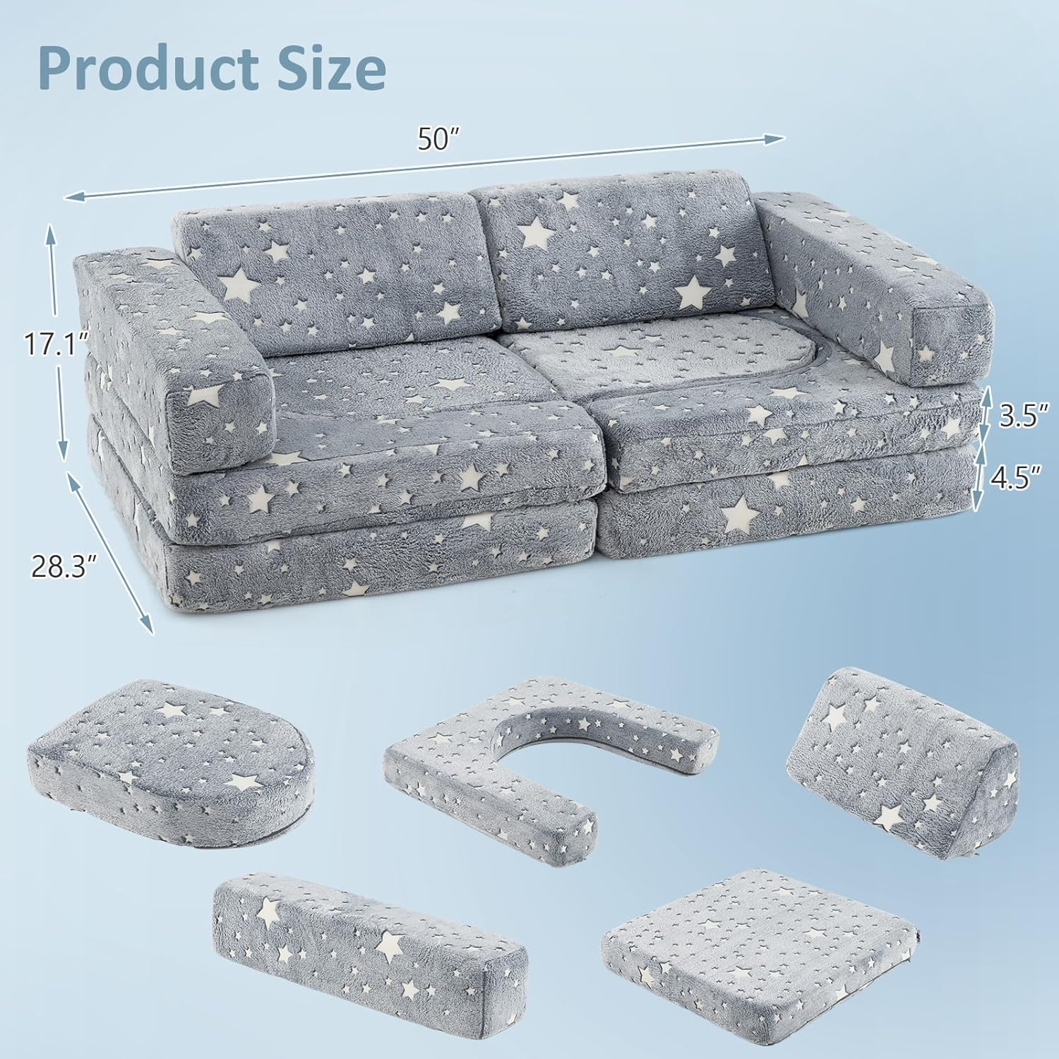 INFANS Modular Kids Play Couch, 8 PCS Toddler Creative Sectional Building Sofa for Playroom, Children Convertible Versatile Soft Foam Furniture Playset Crawling Cushion (Grey-Fluorescent, 10 PCS) image number 1