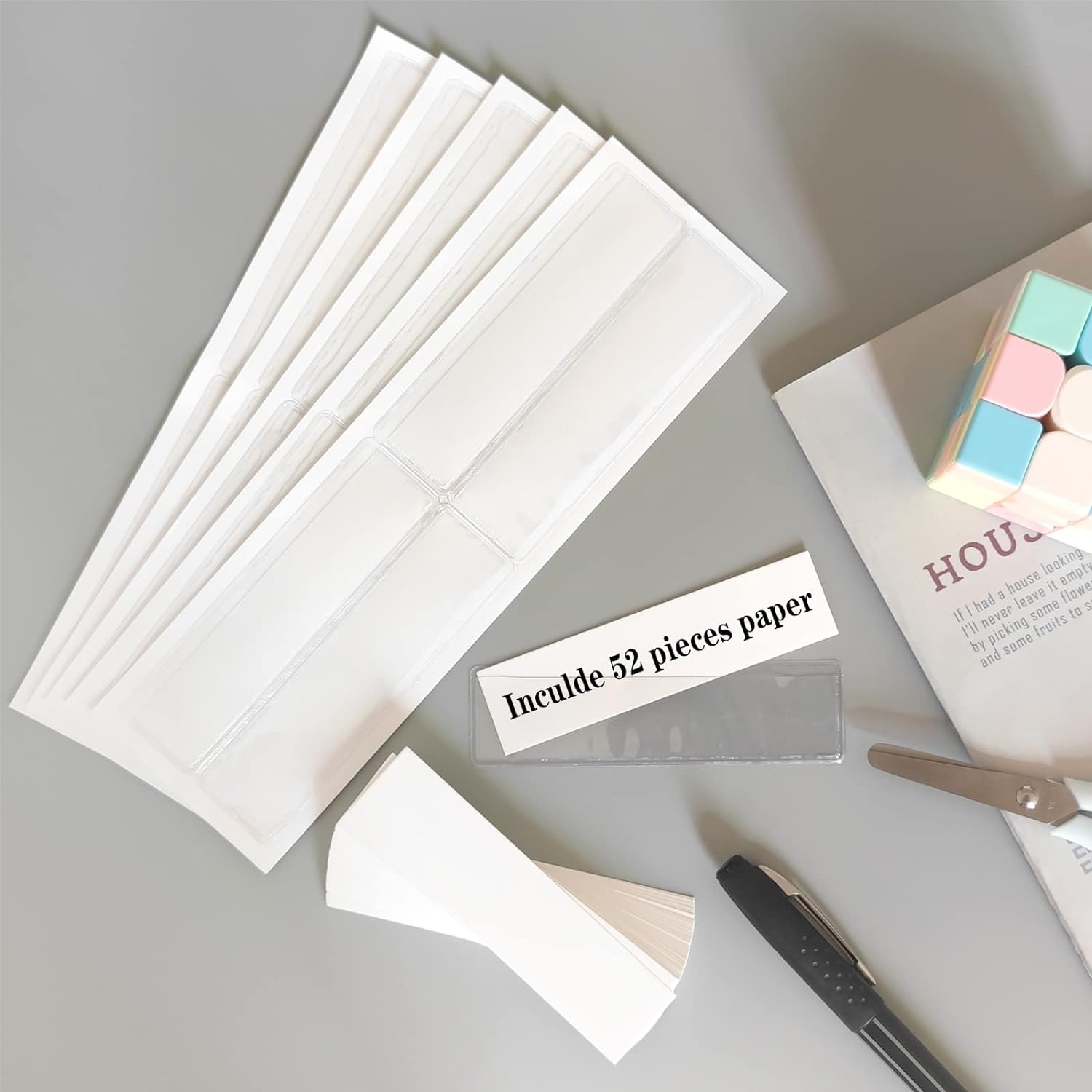 Self Adhesive Label Holders, ELEMGULY 55 Pcs Adhesive Shelf Tag Shelf Label Holder Clear Pocket Holder with Paper for Supermarket, Bookshelf, Kitchen (4.3 X 1.2 Inch) image number 1