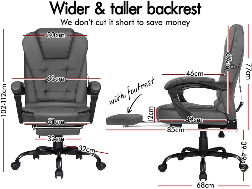 ALFORDSON Ergonomic Office Chair with Massage, Footrest and 150&deg; Recline, PU Leather Executive Managerial Chair with SGS Listed Gas-Lift, Swivel Gaming Chair for Computer Task Desk, Max 180Kg (Grey) image number 5
