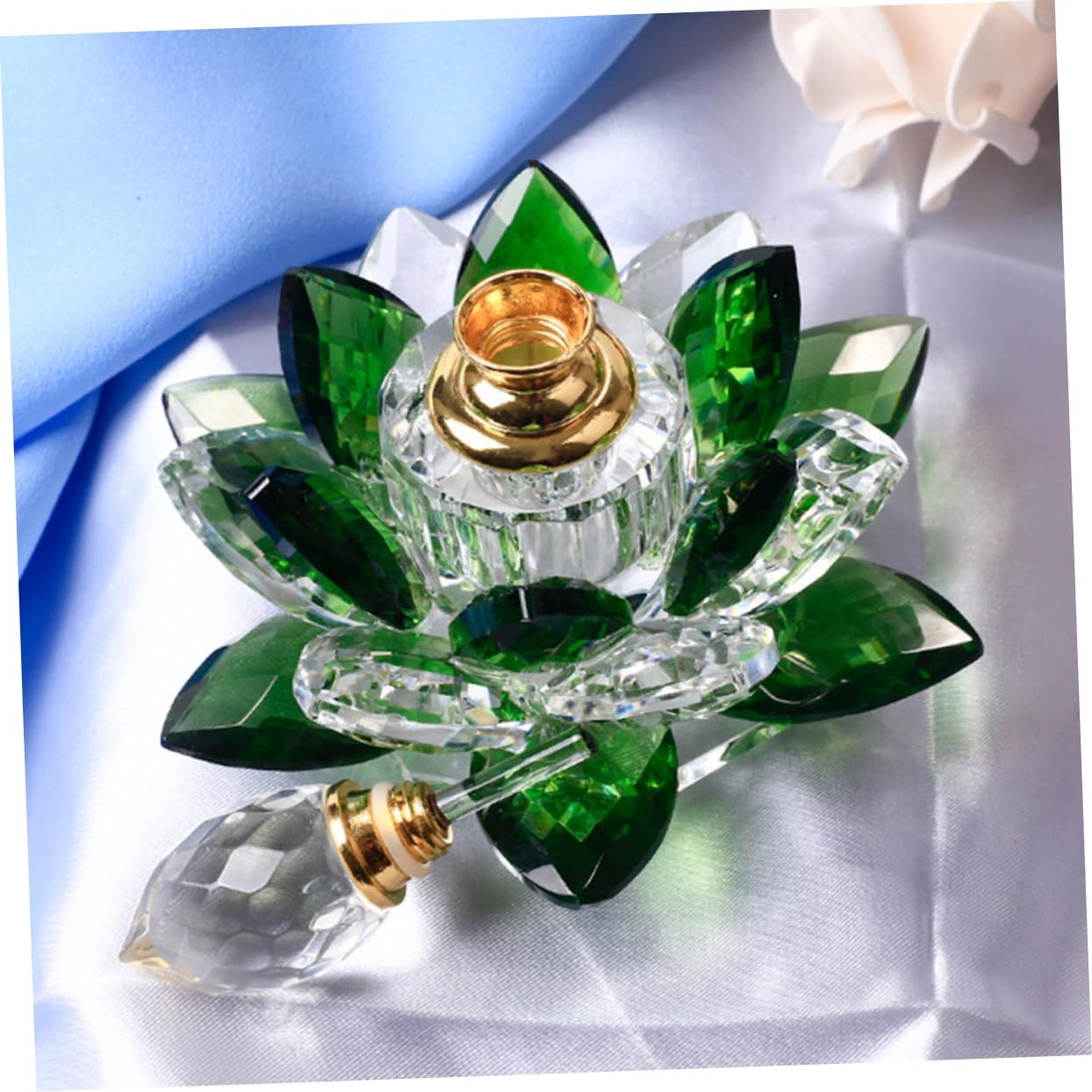 Lotus Shaped Perfume Bottle Glass Refillable Green Crystal Decorative Storage Container for Home D&eacute;cor Accent