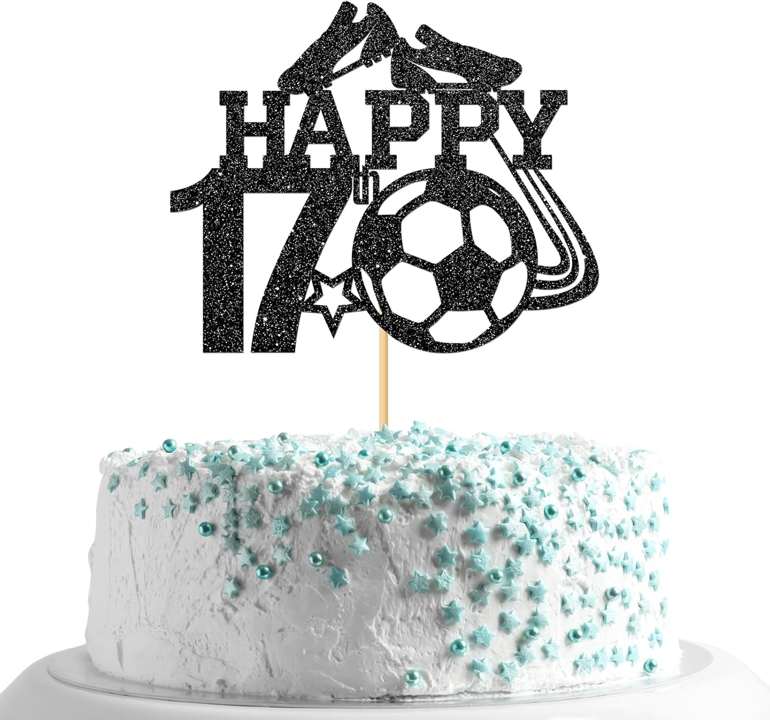 Monmon & Craft Soccer 17Th Birthday Cake Topper/Sport Theme Soccer Ball Cake Docer/Soccer Player Boy 17Th Birthday Party Decorations - Black Glitter image number 2