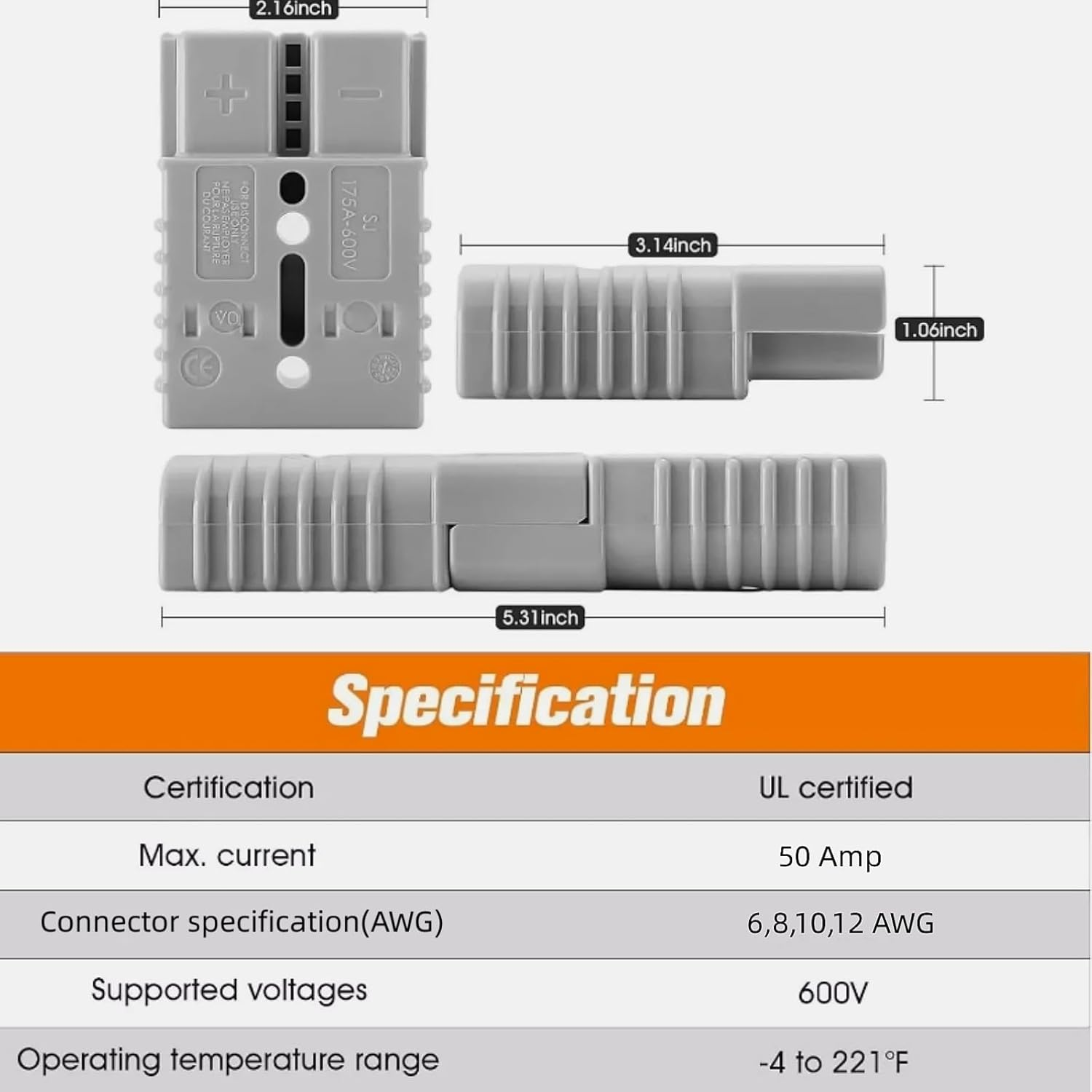 Dual 50A Anderson SB50 Series Connectors Flush Plug,600V 50Cm 10AWG Mounting Bracket Panel Plug with Dustproof Cover& Waterproof Gasket Mount Recessed Plate for Variety of Large Vehicles