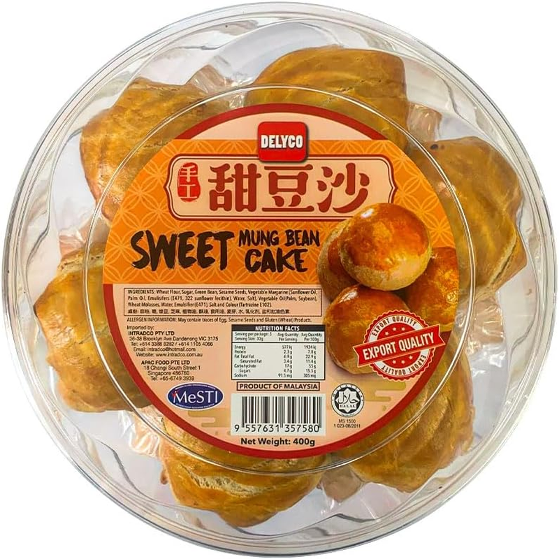 Delyco Sweet Mung Bean Cake Tau Sar Piah Classic Malaysian Pastry Singapore Snack on the Go Cookie Homemade Cake 400G