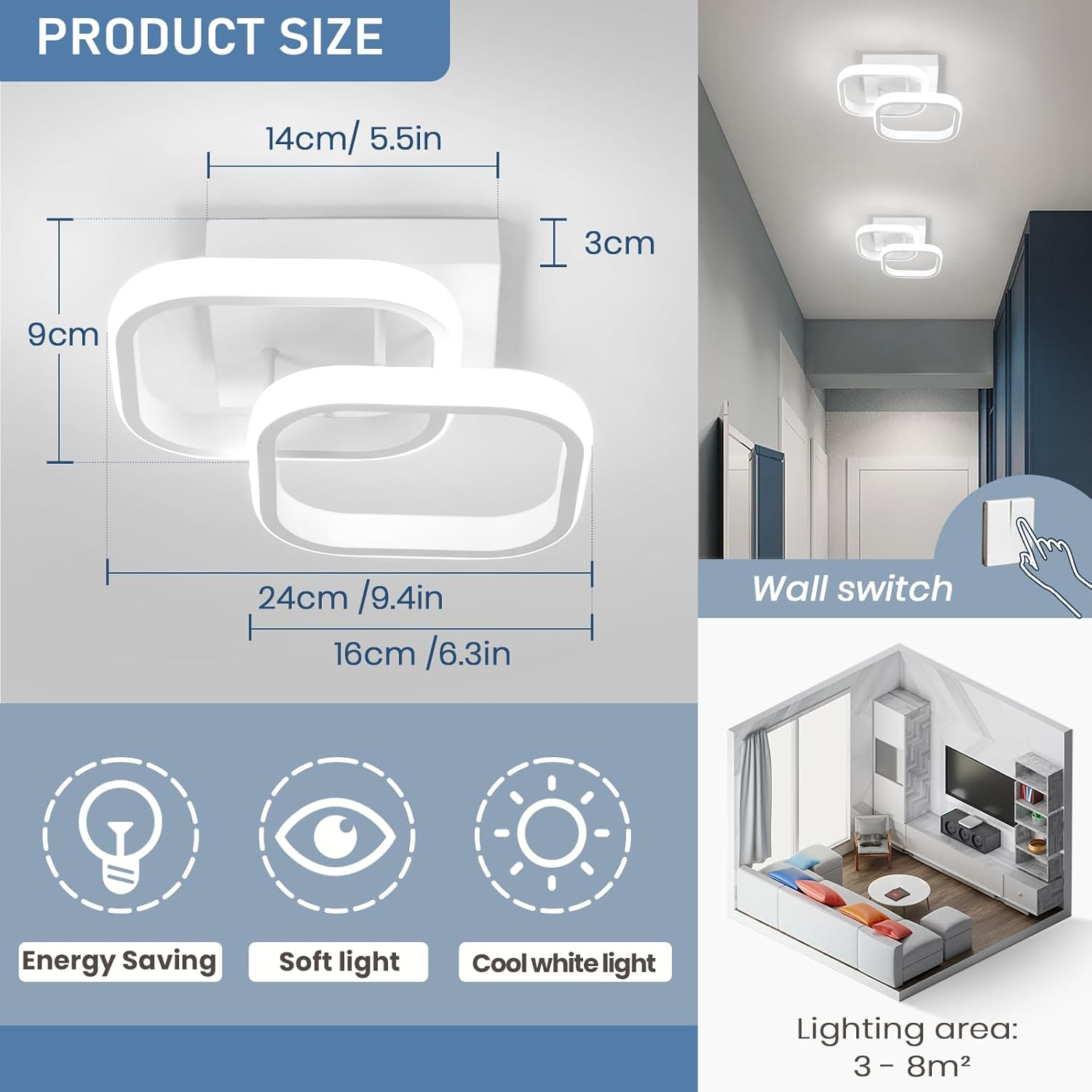 Ceiling Light Modern 22W LED Cool White 6000K Acrylic Square LED Ceiling Lamp for Hallway Office Bedroom Kitchen Living Room Ceiling Lights (White) image number 5