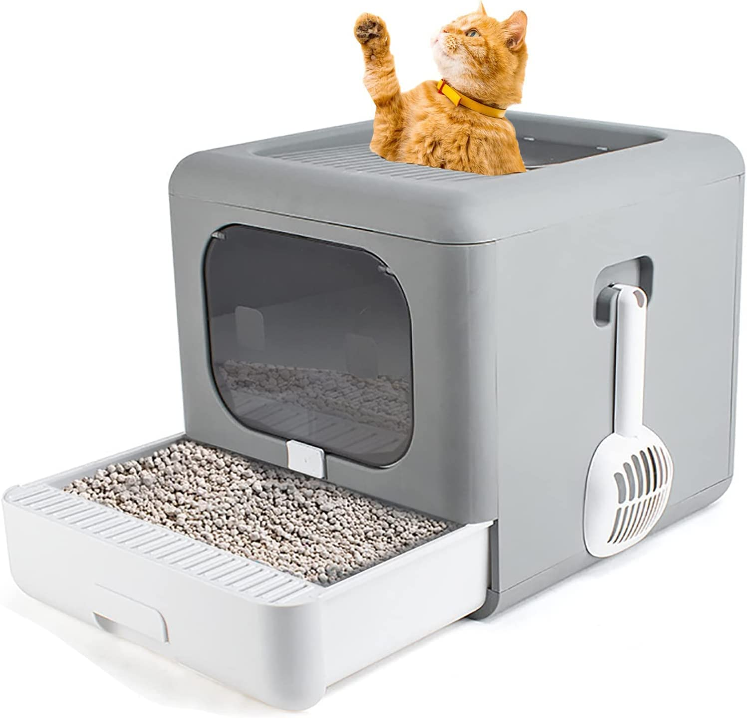 Large Foldable Cat Litter Box with Lid, Closed Cat Litter Boxes with Plastic Scoop, Drawer Type Top Entry Anti-Splashing Cat Potty, Covered Leak Proof Kitty Toilet Litter Pan (Grey) image number 3