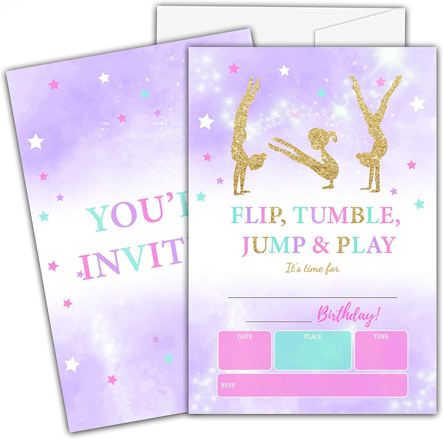 Gymnastics Birthday Invitations for Kids, Gold Glitter Birthday Party Invitation Cards, Jump Tumble and Play Party Celebration Supplies Decoration -20 Fill in Invitations with Envelopes (B17) image number 2