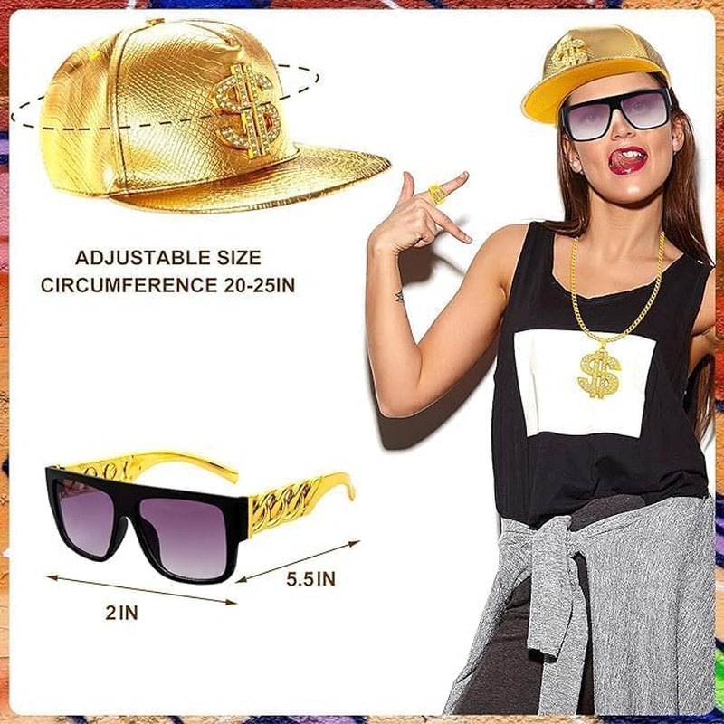 6Pcs Hip Hop Costume Kit, 80S 90S Rapper Costume, Fancy Dress Hippie Fake Chains and Hats for Halloween Party Cosplay Props Rapper Fancy Dress Carnival Accessories image number 5