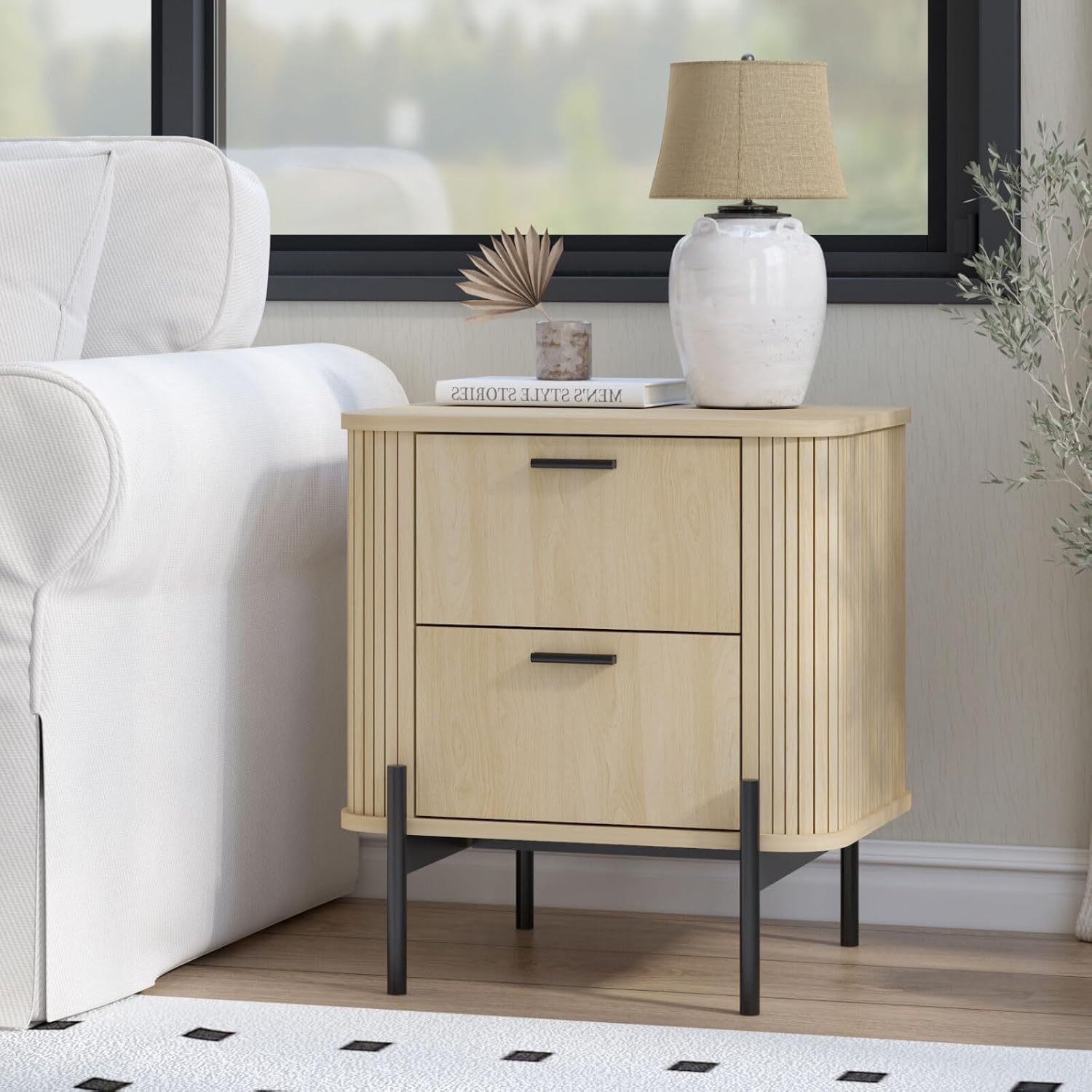 Merryluk Fluted Bedside Table with 2 Drawers Dresser, Modern Wood Chest of Bedside Table with Curved Profile, Fluted Dresser & Wood Drawer Organizer for Bedroom image number 3