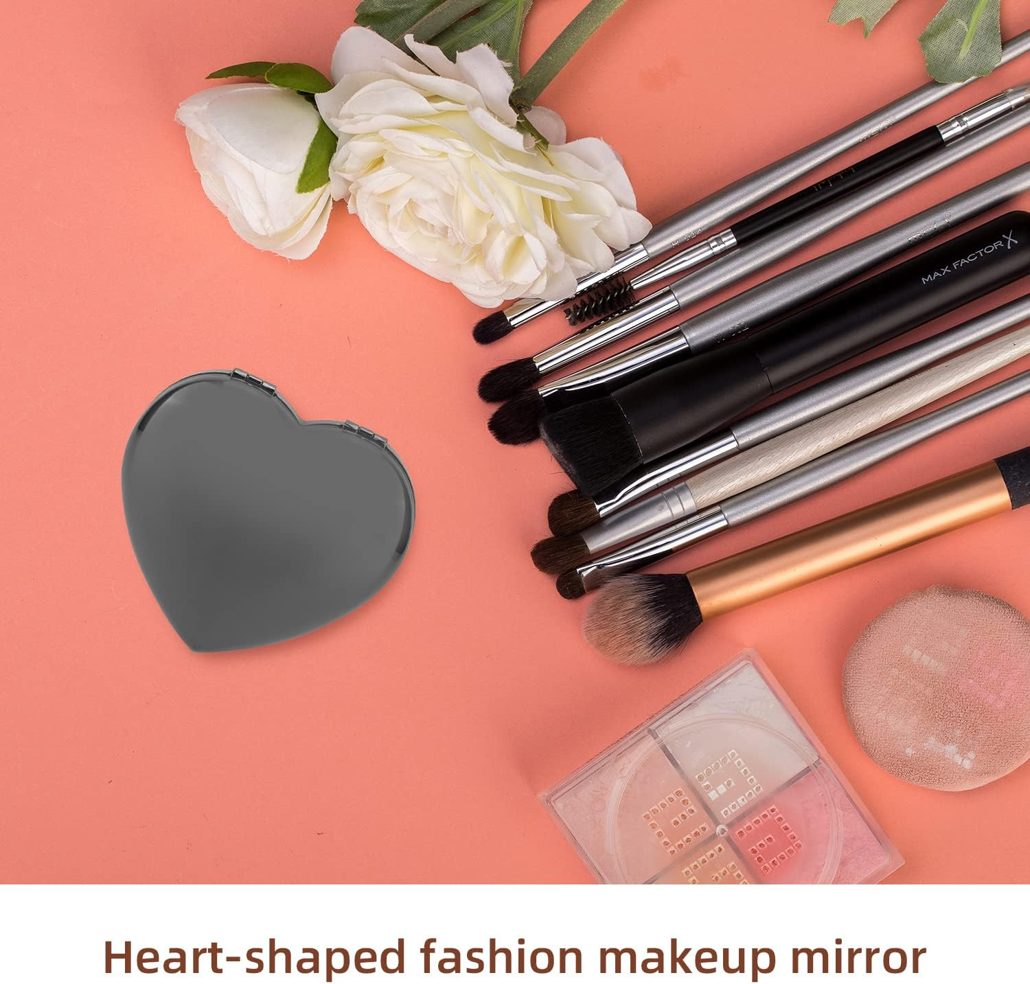 Mini Vintage Heart Elegant Makeup Mirror, Portable 1X/2X Magnifier (Black) image number 1