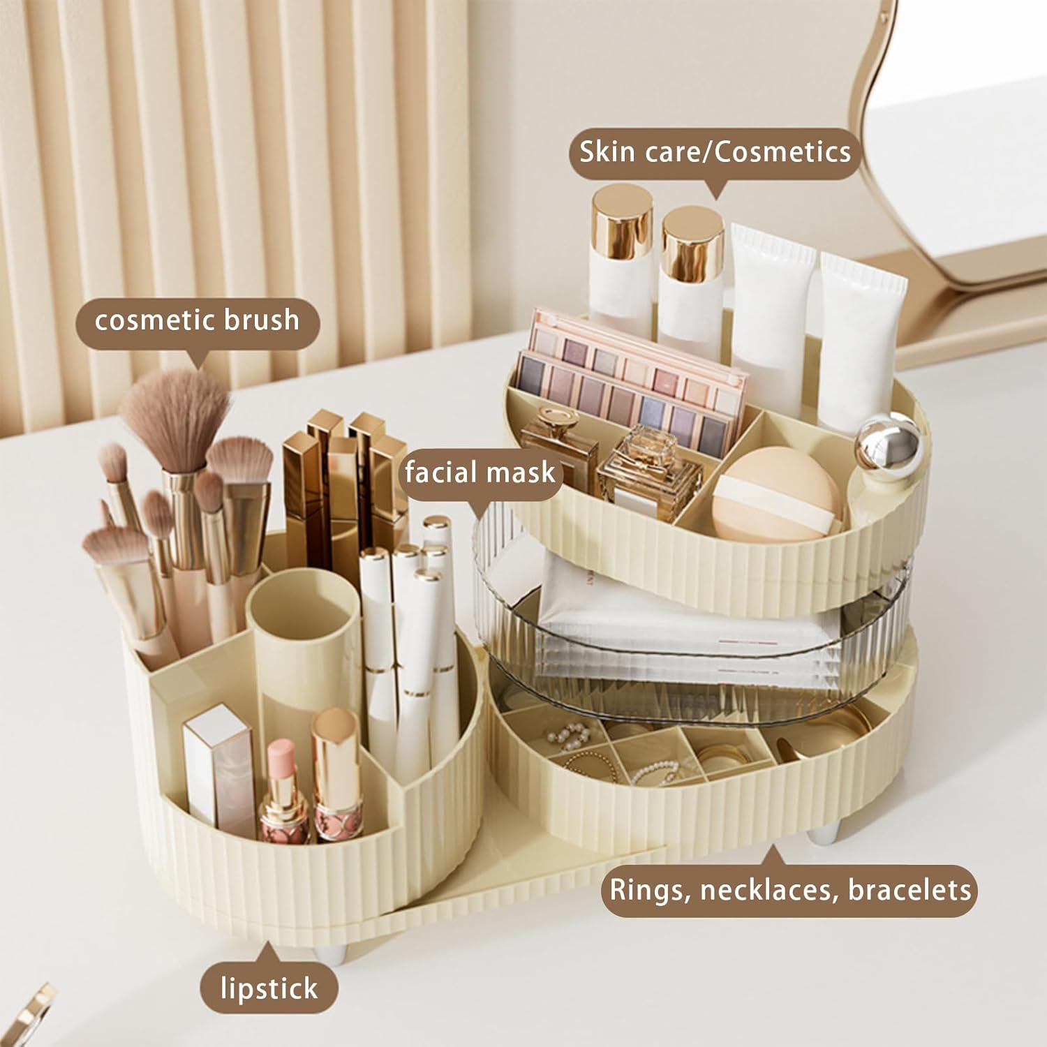DASITON Makeup Organizer Countertop,360&deg; Rotating Makeup Brush Holder Organizer,Large Capacity Cosmetic Display Case with Drawers,Makeup Storage Organizer for Vanity,Desktop,Bathroom(Cream 02)