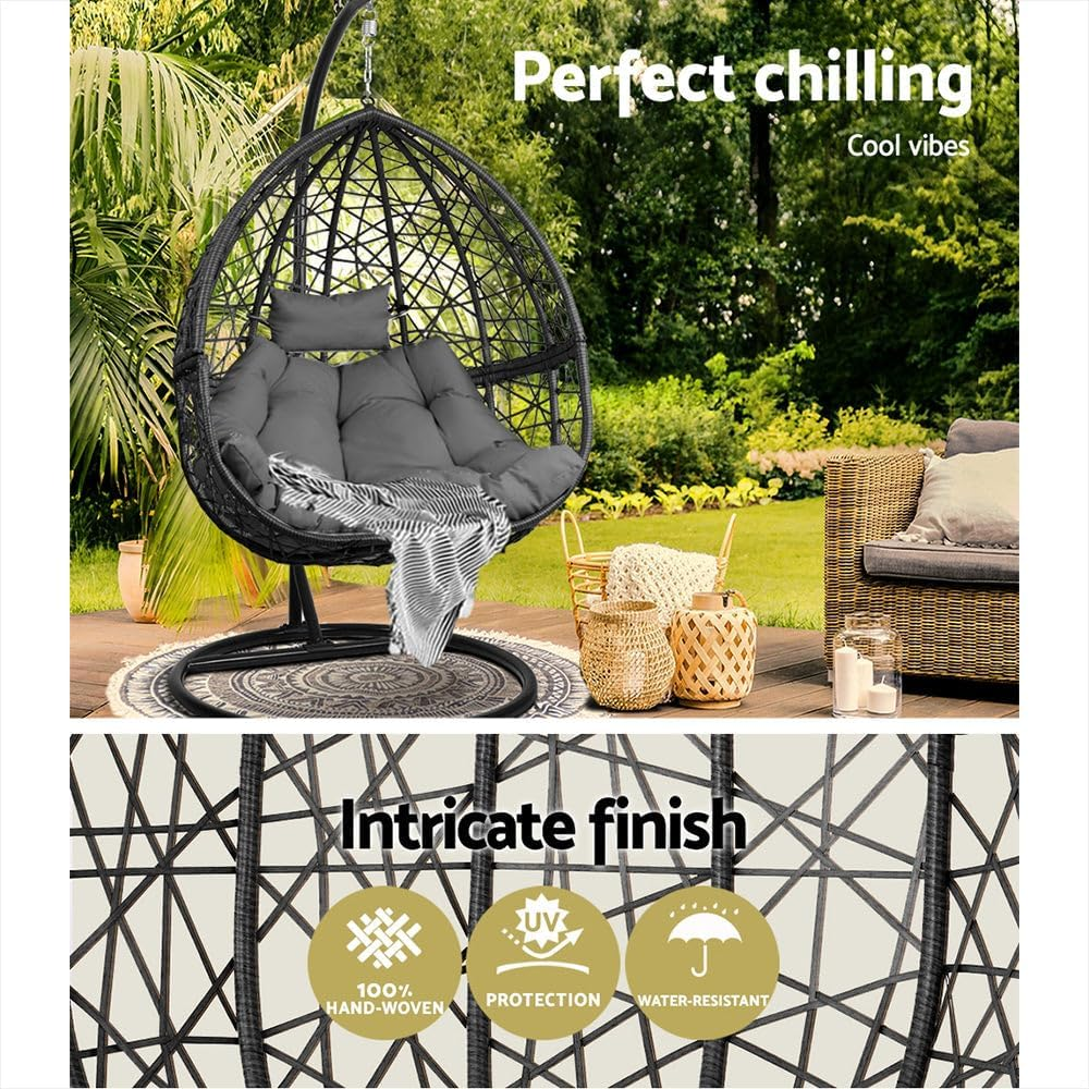 Gardeon Outdoor Egg Swing Chair Rattan Black Garden Bench Hanging Seat, Patio Baconly Furniture Chairs, with Cushions Stand Wicker Basket Water Resistant 150Kg Capacity image number 5
