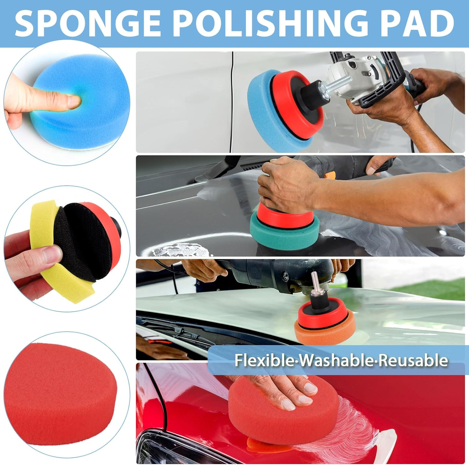 29Pcs Drill Polishing Pad Kit Reusable Buffing Polishing Pads 1/2/3Inch Washable Car Detailing Sponge Polishing Pads Woolen Buffing Pad Microfiber Polishing Pad with M14 Adapter image number 5