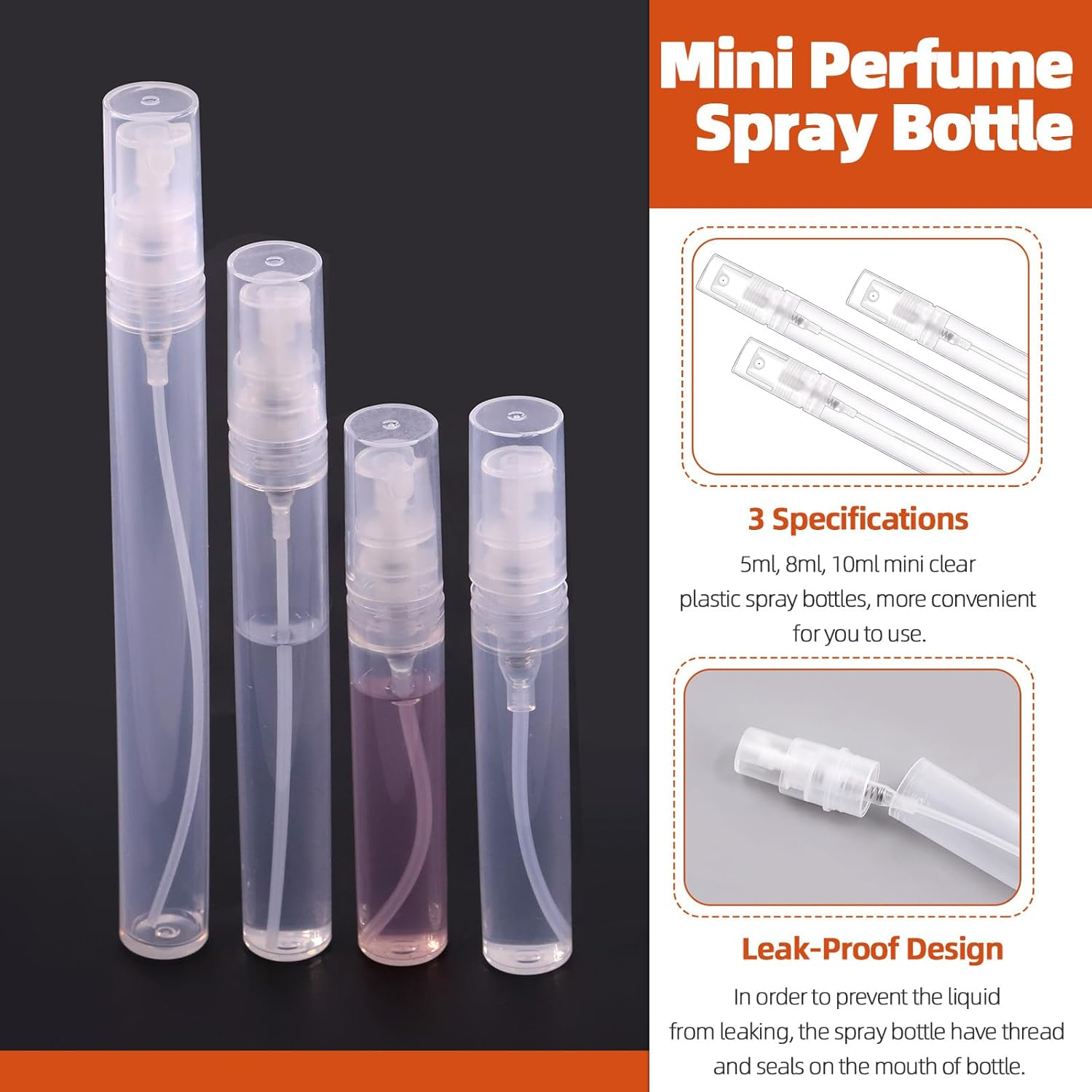 Tanstic 30Pcs Plastic Mini Spray Bottle, 5Ml 8Ml 10Ml Refillable Perfume Atomizer, Fine Mist Spray Bottle Travel Refillable Liquid Containers for Sample, Perfume, Cologne (Clear)